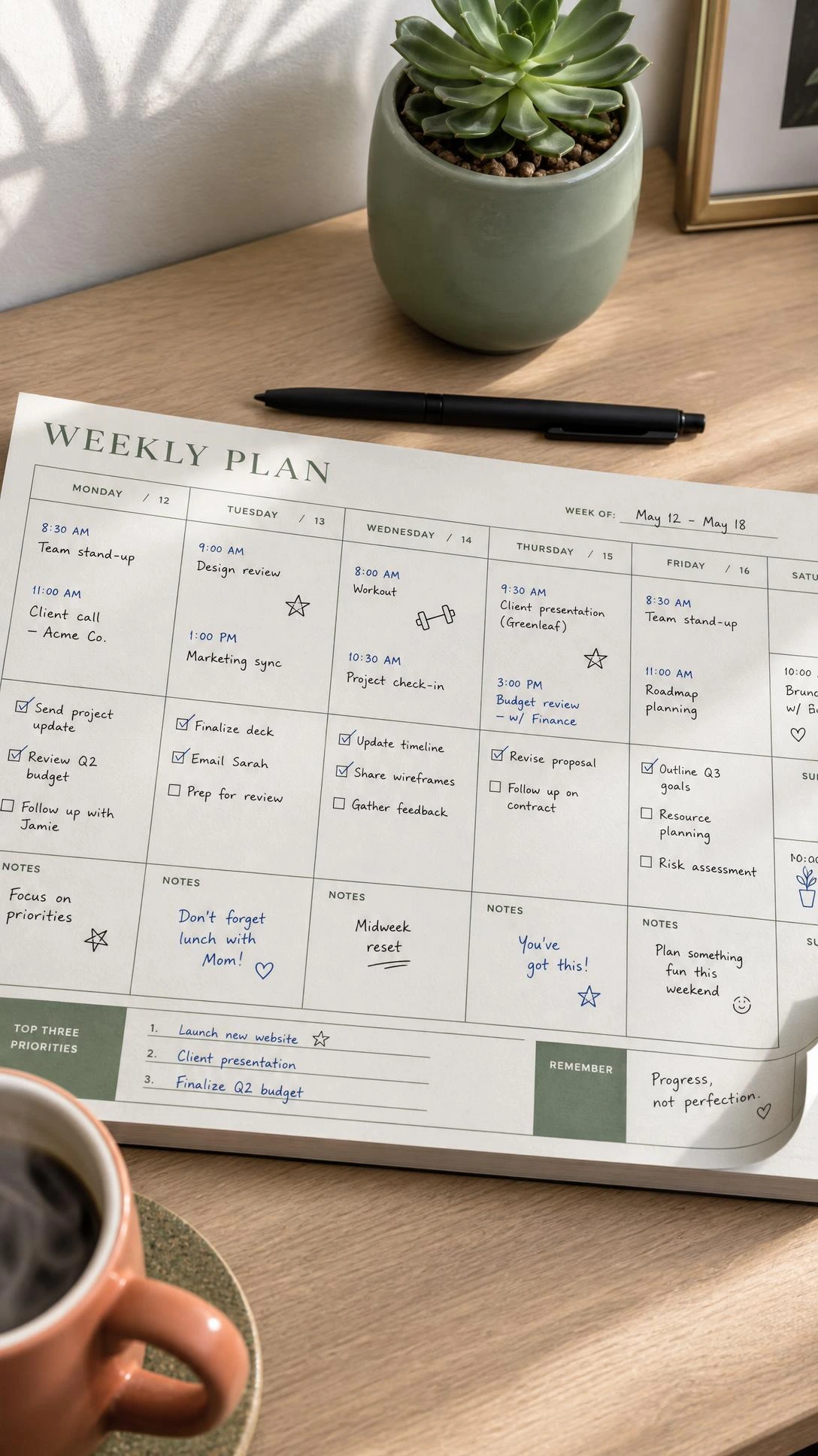 Large weekly desk pad calendar with sage green grid lines and handwritten to-do lists and appointments on a light wood home office desk