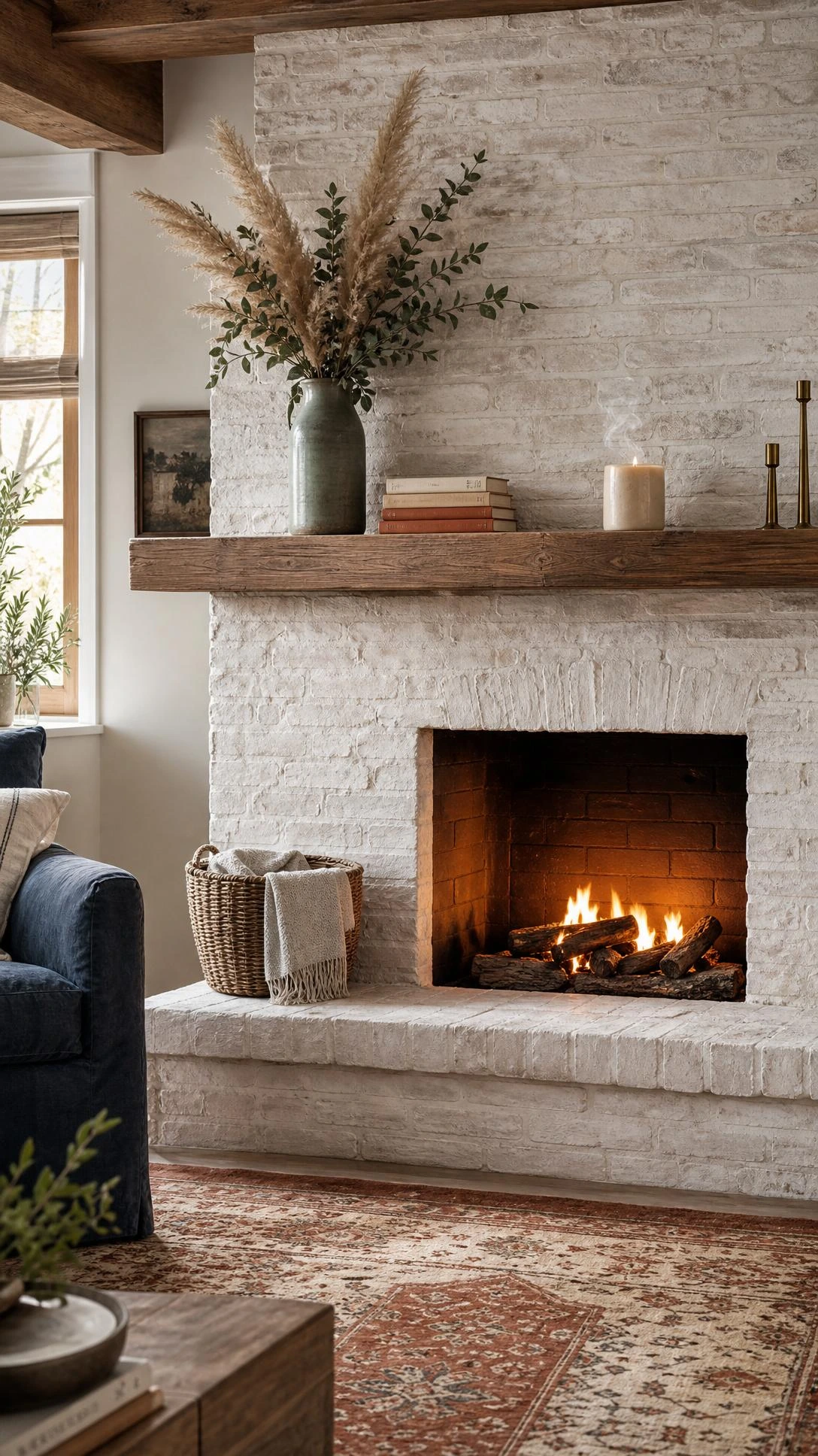 Whitewashed brick fireplace with chalky lime wash revealing warm cream and gray undertones, anchoring a designer-styled living room floor to ceiling