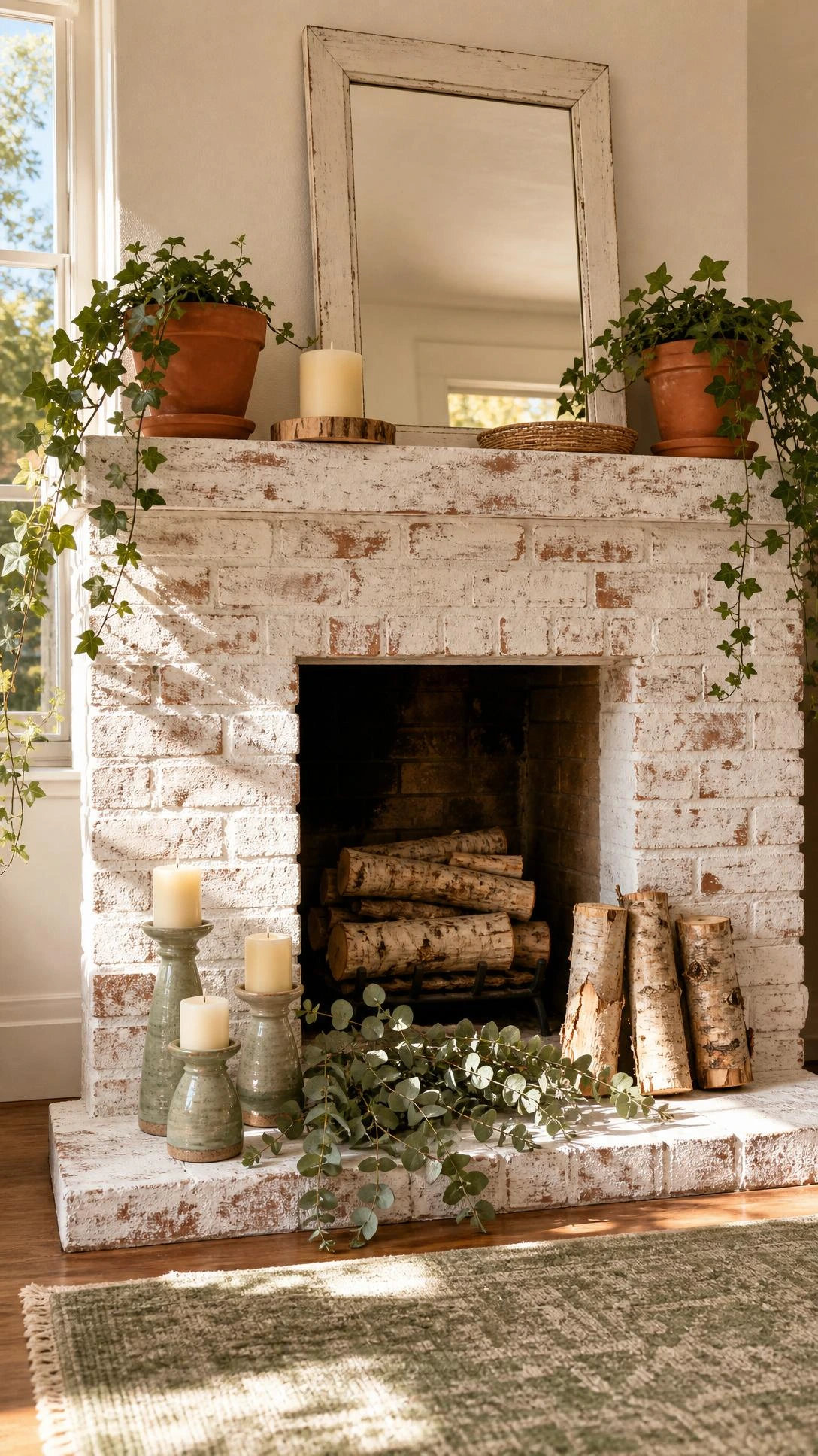 Whitewashed brick fireplace with chalky matte white paint revealing natural reddish-orange texture beneath, bathed in warm window light