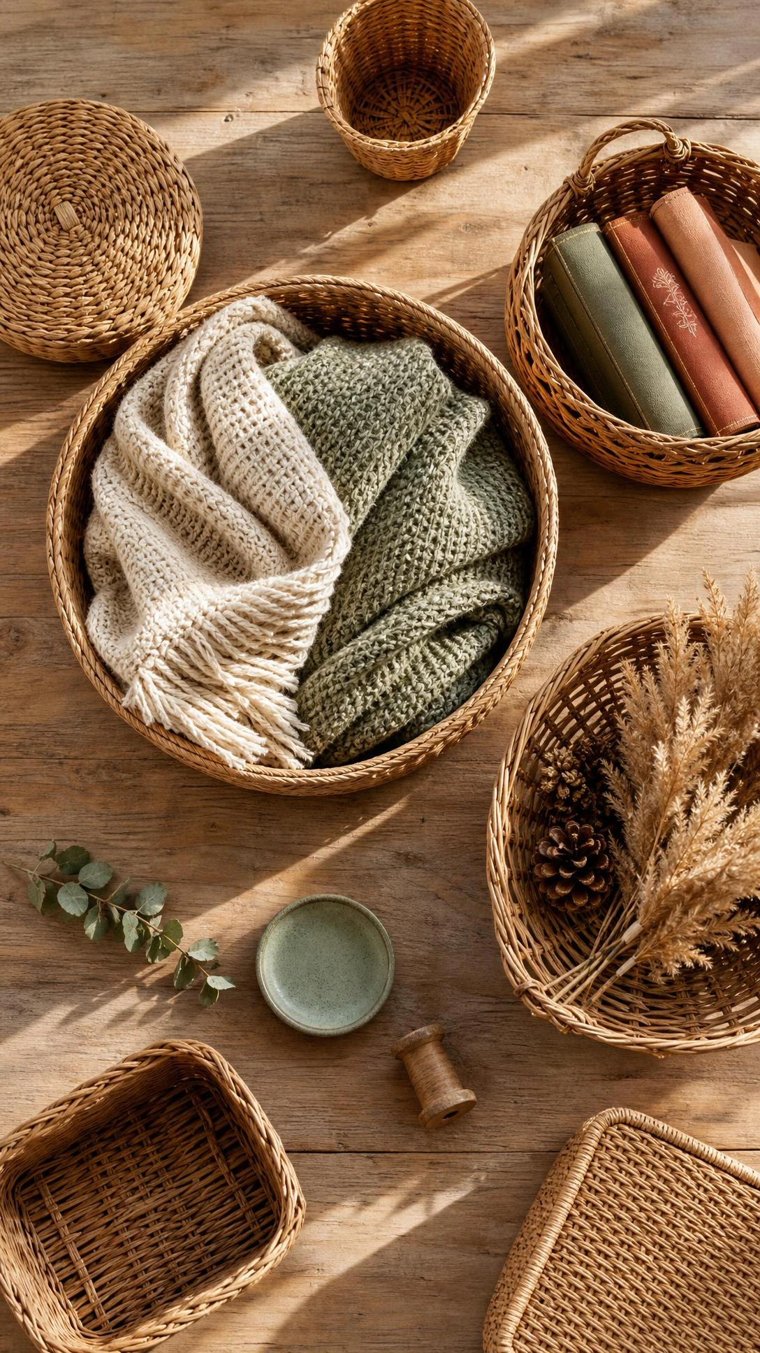 Overhead flat lay of wicker and rattan baskets in varied sizes holding folded knit throws — a farmhouse living room storage idea that blends function with texture