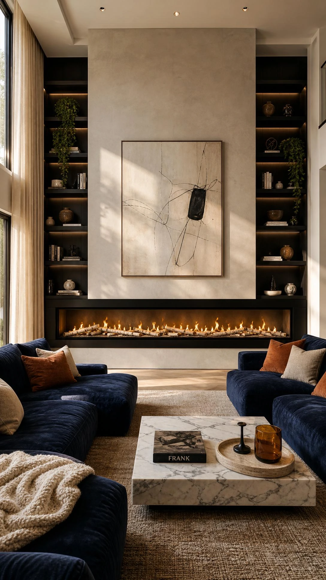 Wide linear fireplace with sleek black steel surround spanning the full accent wall of a large modern living room, creating a dramatic focal point
