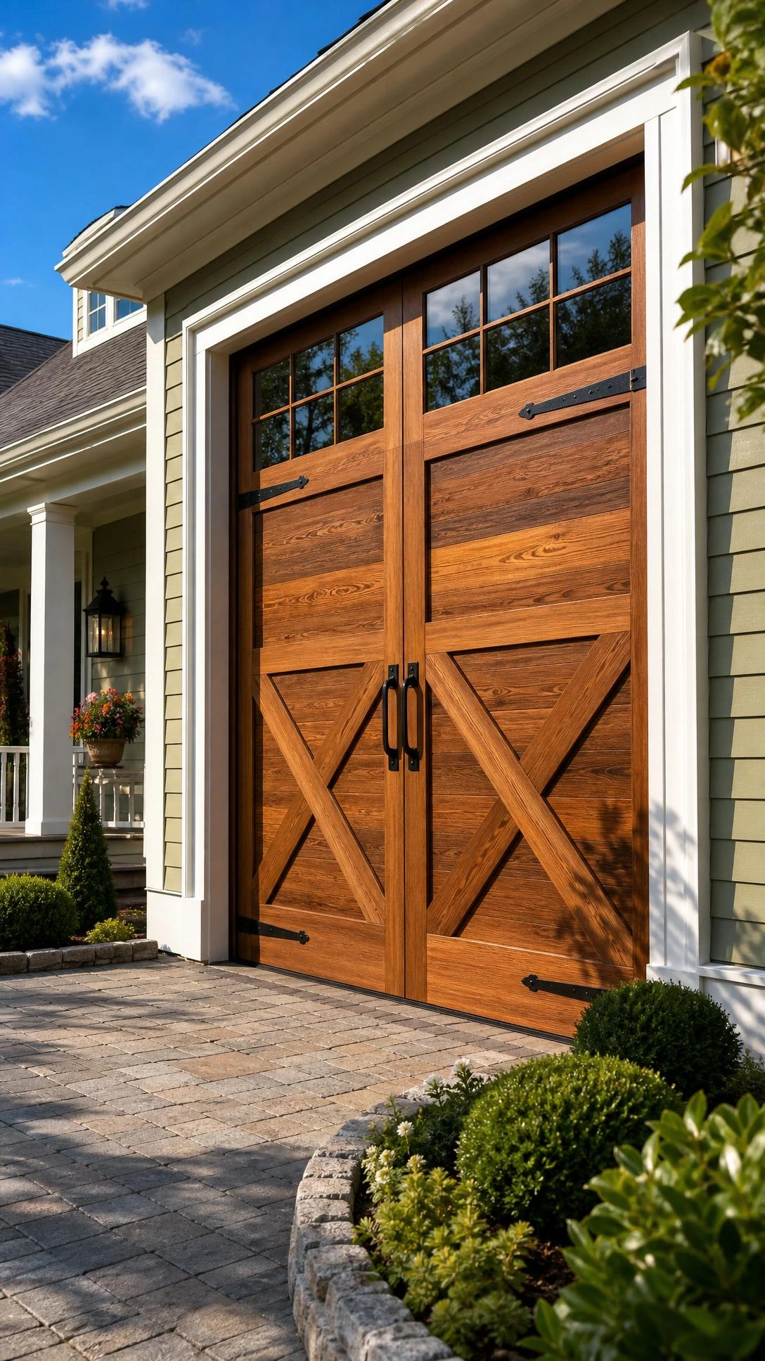 Warm cedar carriage-style garage door with honey-amber grain detail replacing a flat panel door on a traditional suburban home exterior