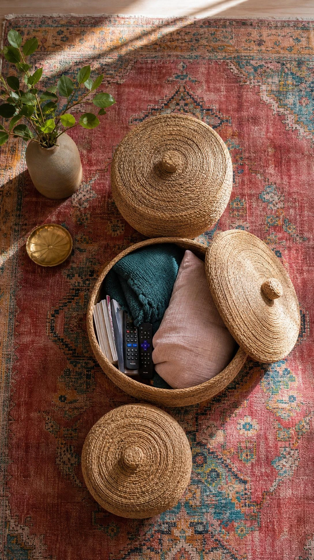 Overhead view of woven baskets on a colorful vintage rug, one open with a teal throw and blush pillow hiding clutter.