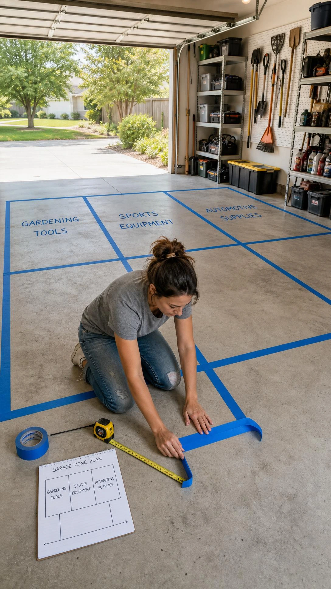 Blue painter's tape grid on a two-car garage floor divides the space into labeled zones, showing how zone layout planning transforms an empty garage