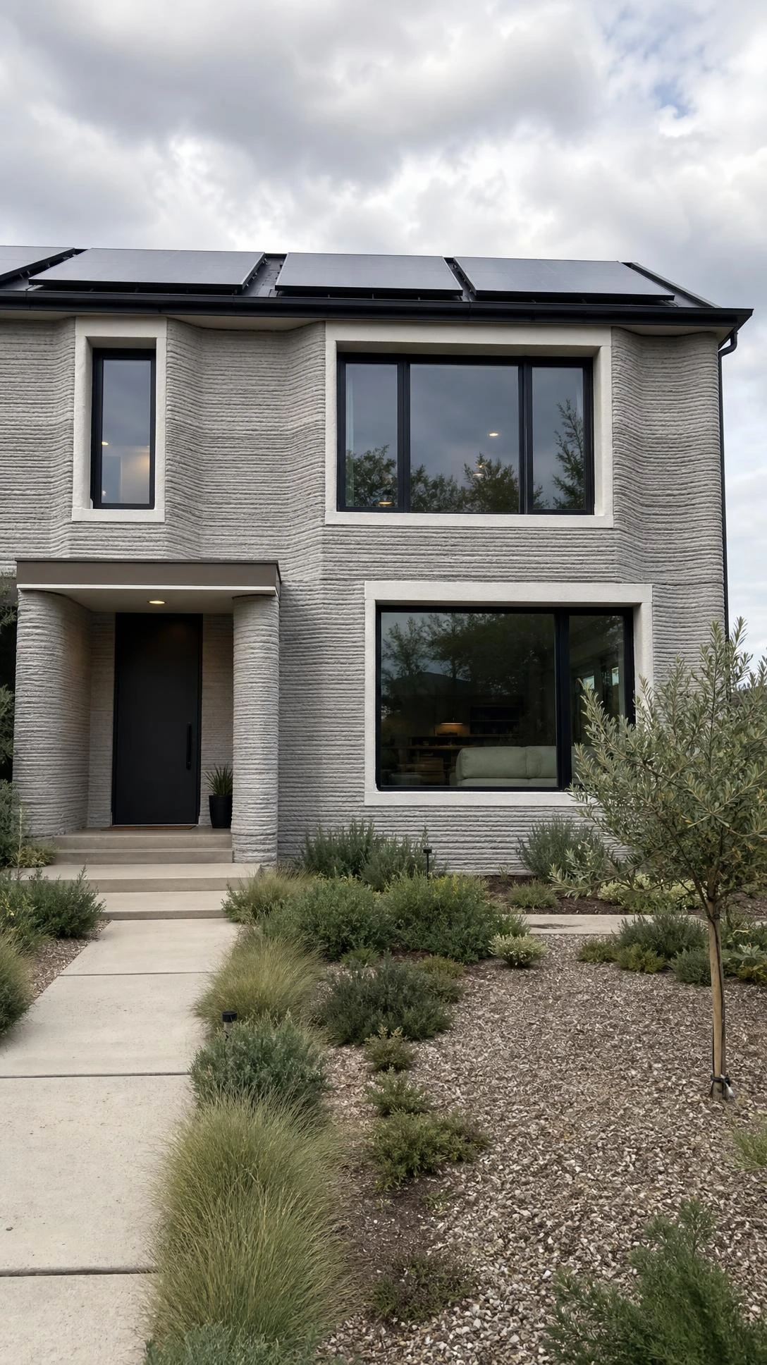 3D printed concrete small modern family home with ridged layered walls, slim olive tree, and clean pathway showing full facade from ground to roofline