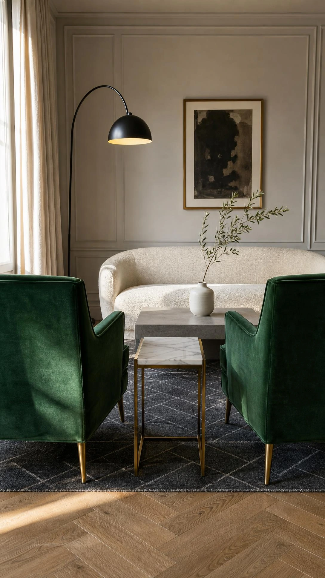 Two emerald green velvet accent chairs with tapered legs face a single sofa in a small formal living room, proving a pair of chairs can replace a second sofa without sacrificing elegance