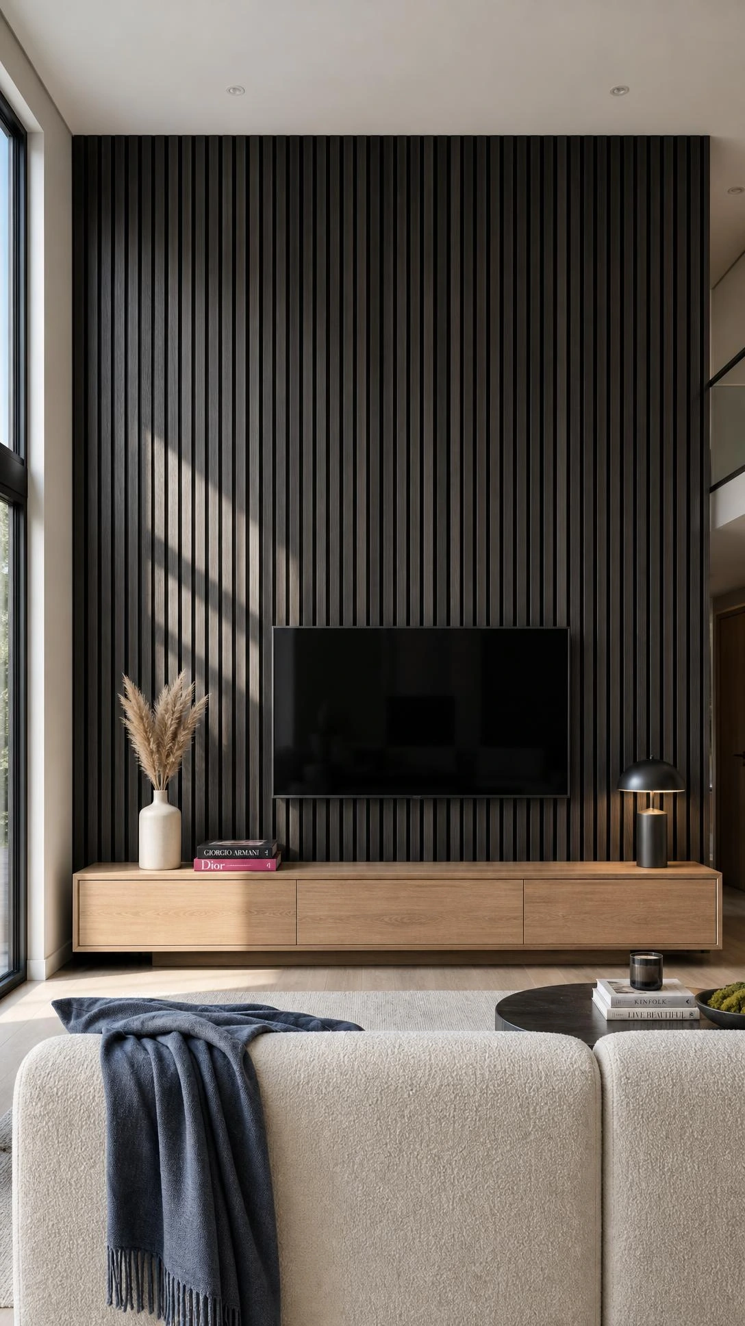 Floor-to-ceiling charcoal gray acoustic slat panels on a TV feature wall, casting shadow lines that add texture and depth in natural daylight