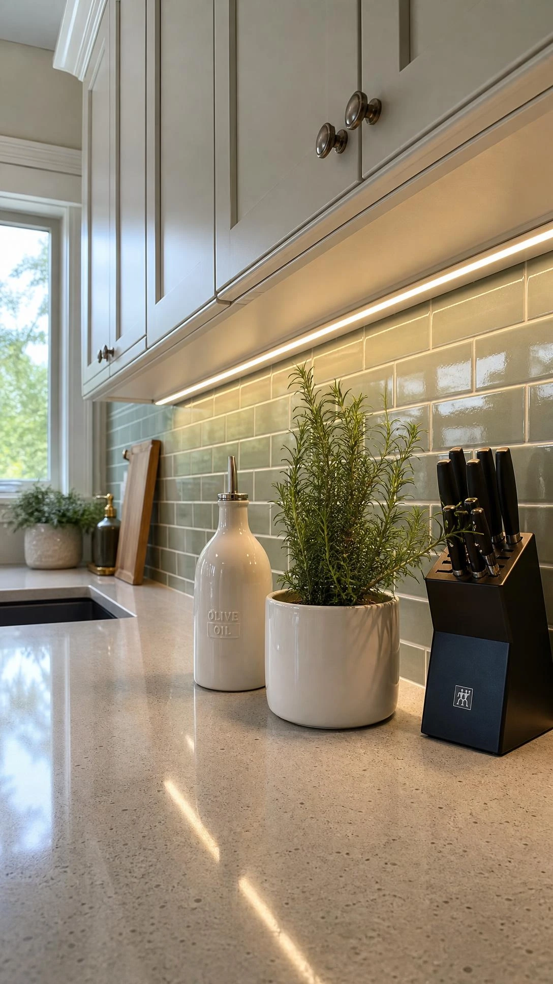 Warm LED strip lights glowing beneath freshly painted white kitchen cabinets, casting amber light onto a clean countertop during a cabinet makeover