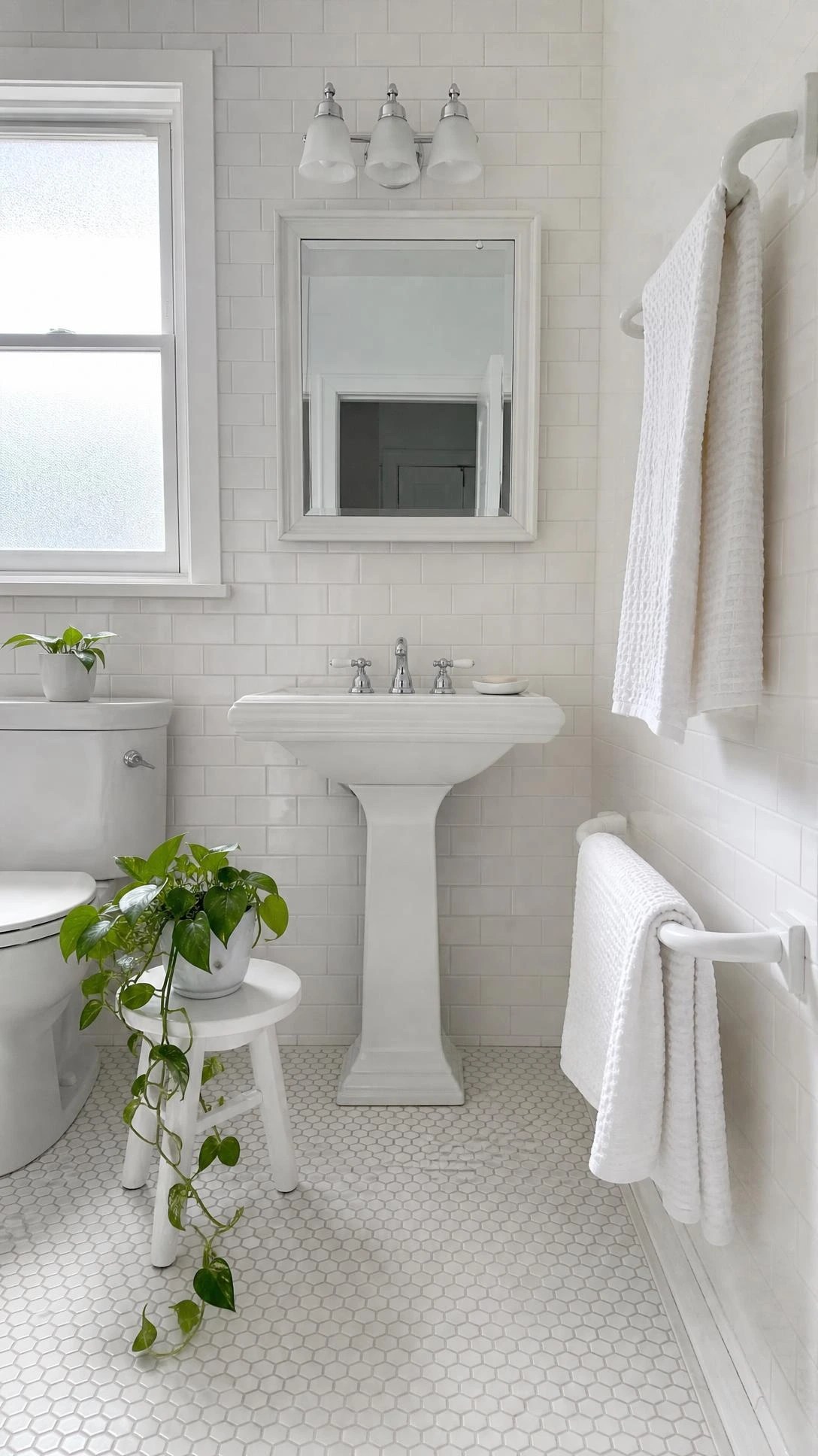 All-white family bathroom with beveled ceramic wall tiles, white pedestal sink, and soft natural light from a frosted window creating a clean, timeless look