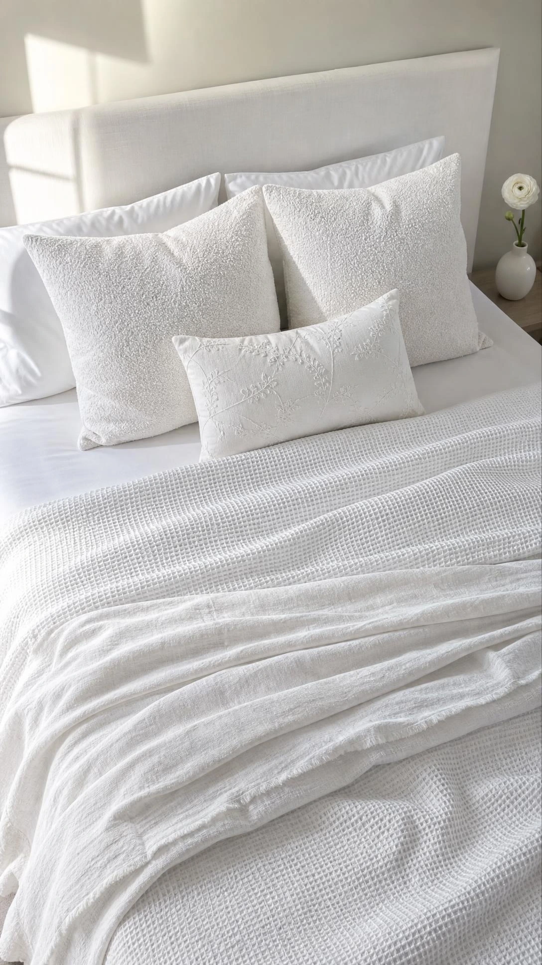 White bed layered with waffle-weave duvet, crisp fitted sheet, and lightweight throw captured at a 35-degree overhead angle, showing how texture transforms all-white bedding