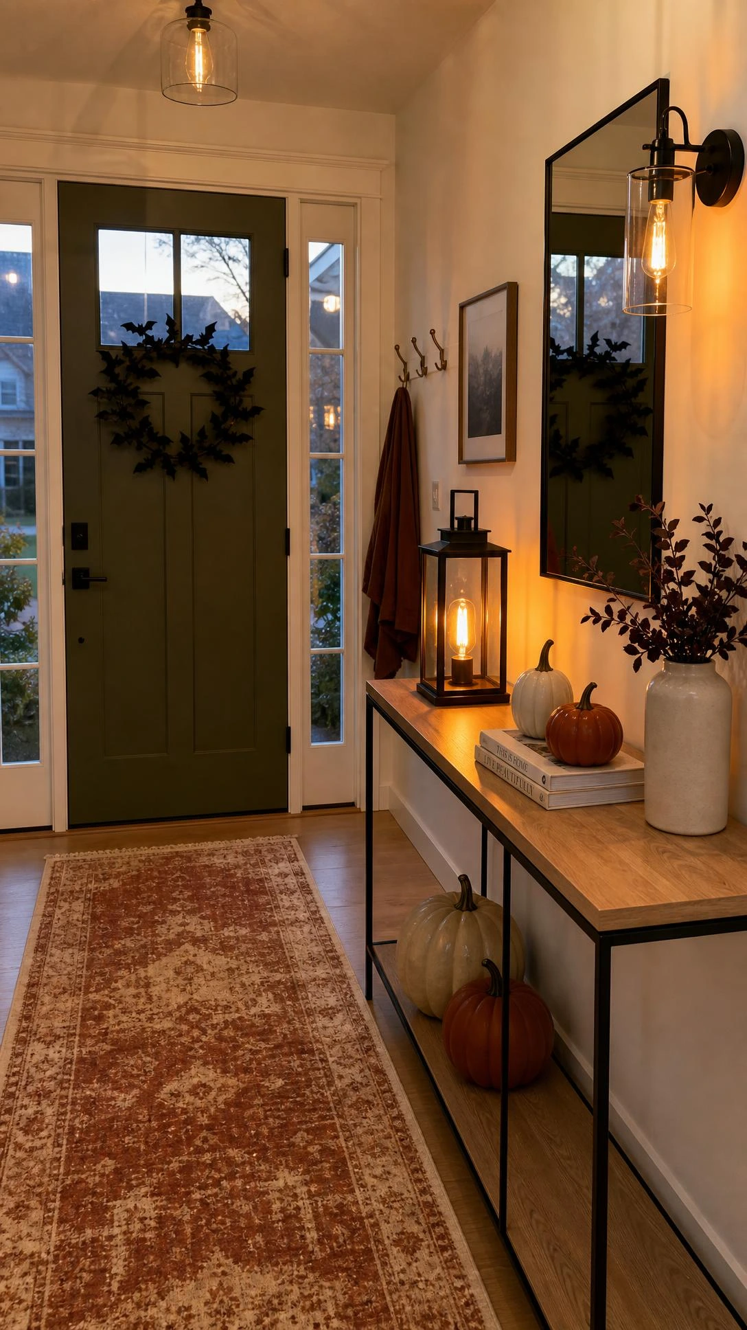 Amber bulb entryway lighting sets the focal point at a modern Halloween Home Decor front door with warm sconces, lantern, and slim console table.