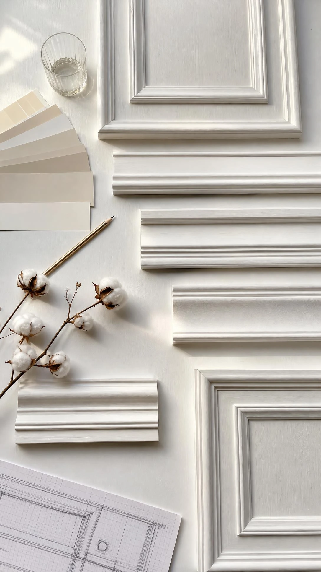 Flat lay of white classical wall moulding profiles including panel frames, chair rail strips, and dado pieces arranged as a luxury drawing room design mood board