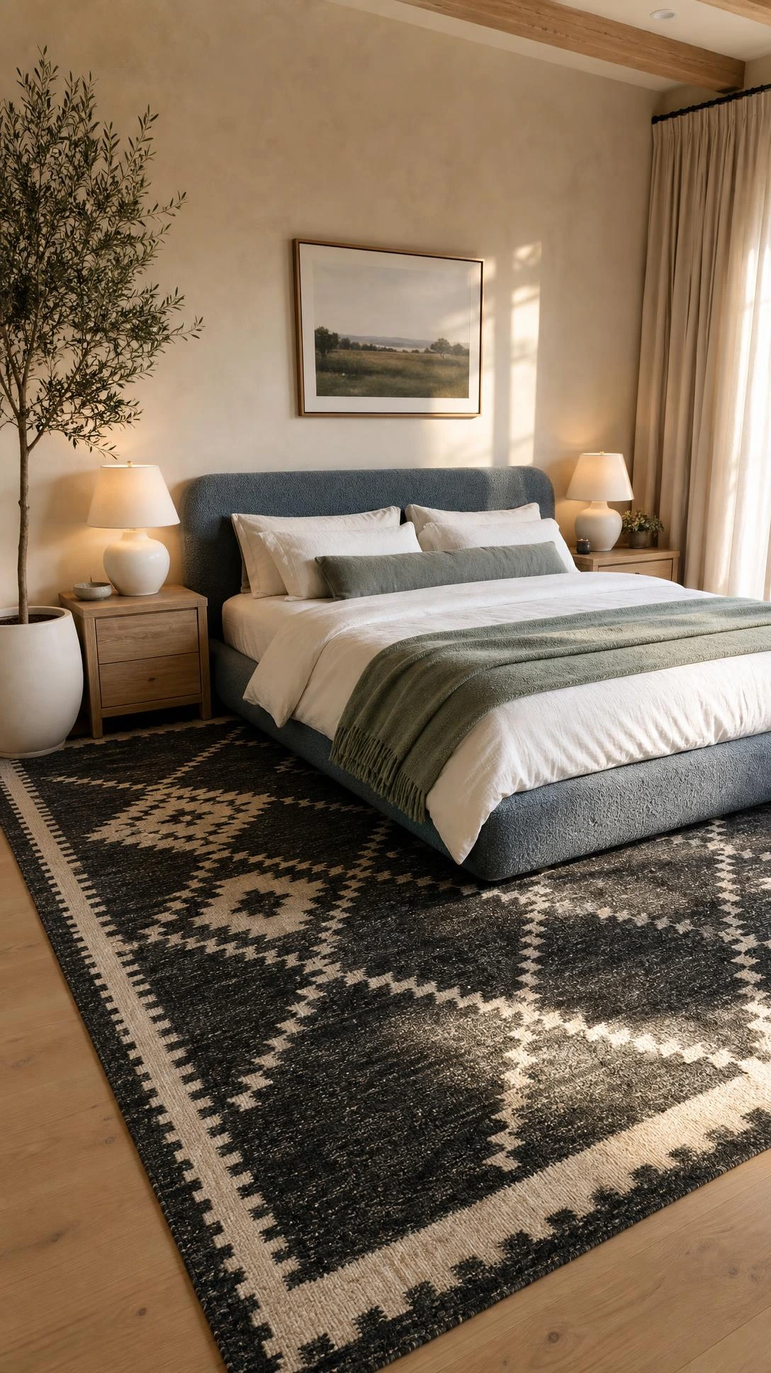 Oversized charcoal and ivory geometric wool area rug anchoring a low-profile bed in a sunlit modern master bedroom