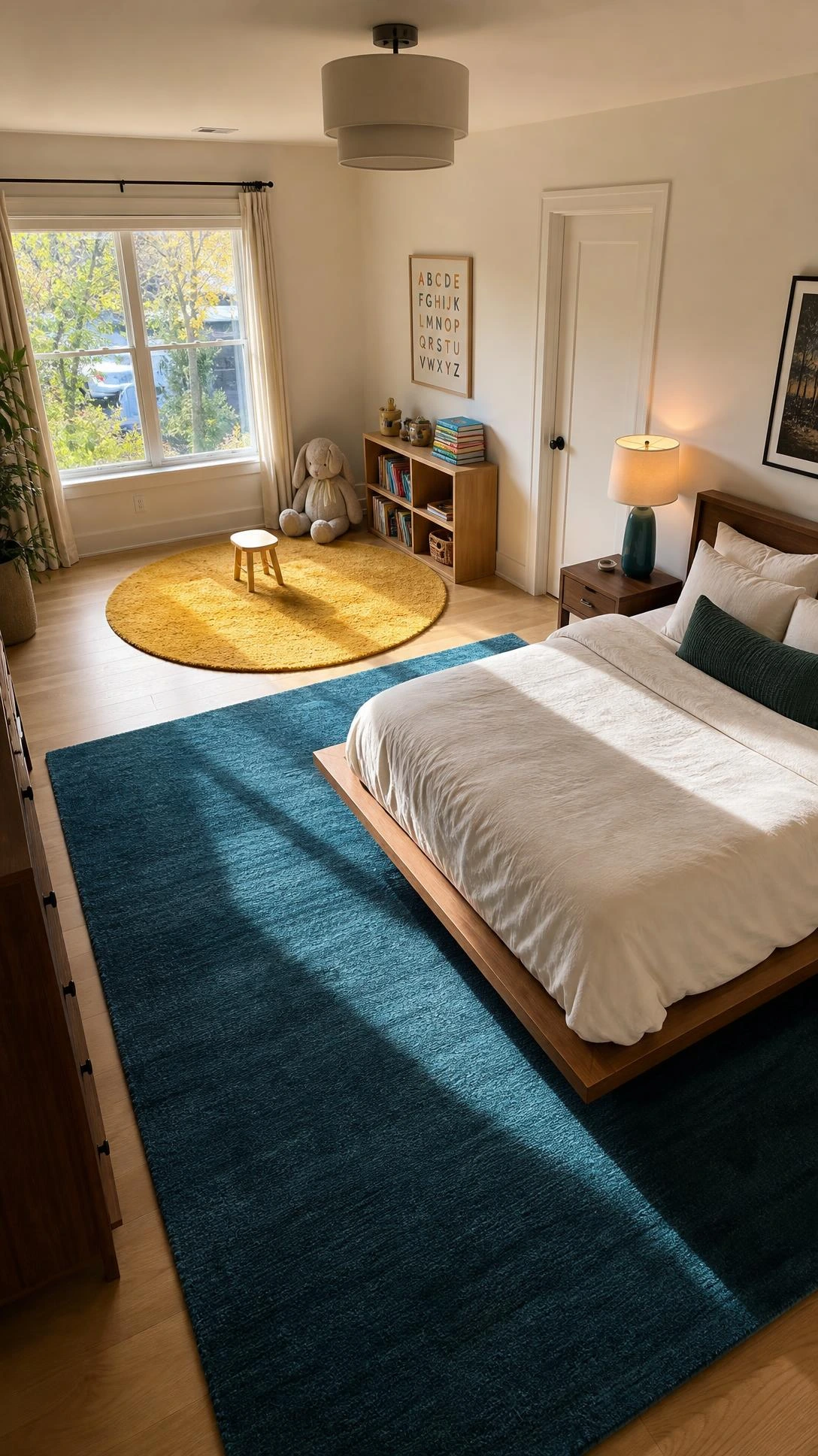 Deep teal wool rug anchoring the adult zone in a shared parent-child bedroom, visually separating calm grown-up space from the kids area