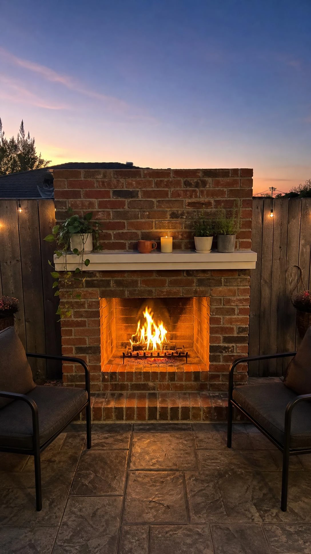DIY brick fireplace with white painted mantel on a back patio at golden hour, showing handbuilt charm with uneven mortar lines