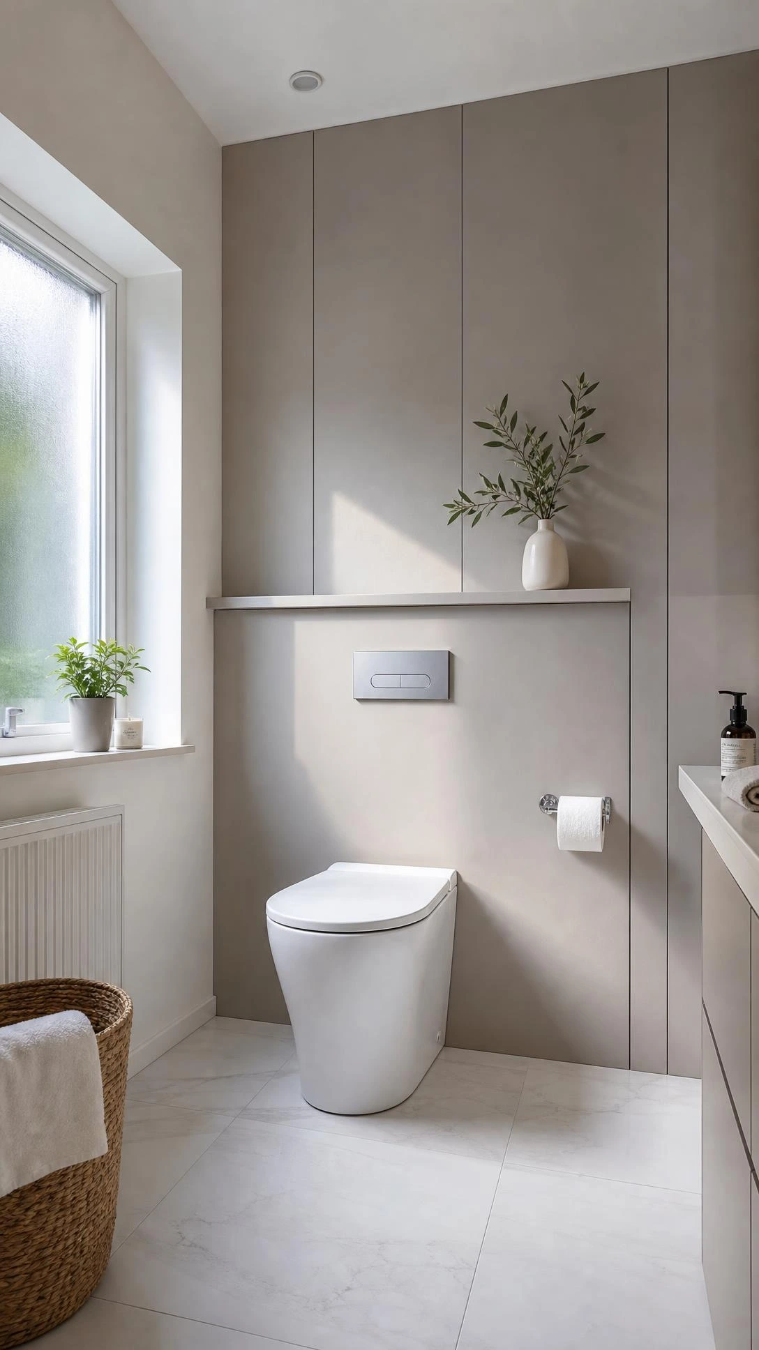 Modern white back-to-wall toilet with concealed cistern built into seamless warm grey MDF cabinetry, making family bathroom cleaning effortless
