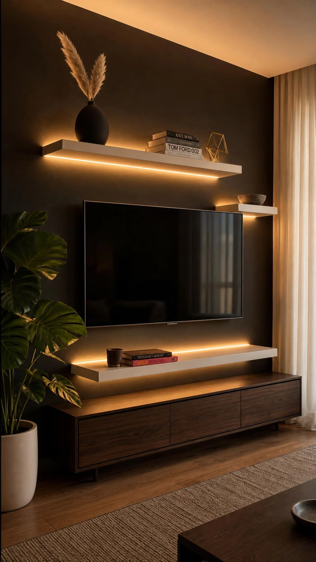 Backlit floating shelf TV wall with staggered matte white lacquered shelves on a deep charcoal accent wall, glowing with warm amber LED light