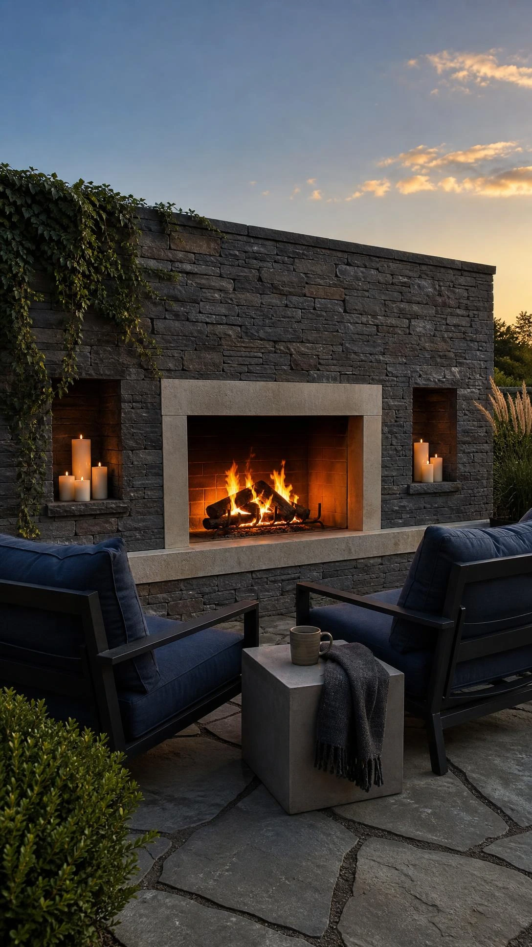 Stacked charcoal and gray natural stone privacy wall with integrated outdoor fireplace glowing in late-afternoon sunlight, a stunning DIY backyard project