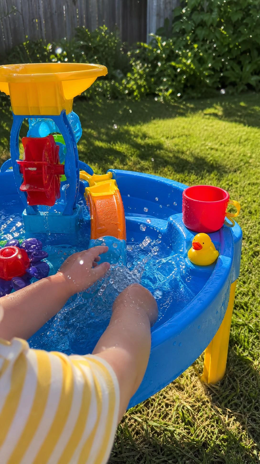 Bright blue and yellow toddler water table with spinning toys and a tiny watermill catching afternoon sunlight in a real backyard setting