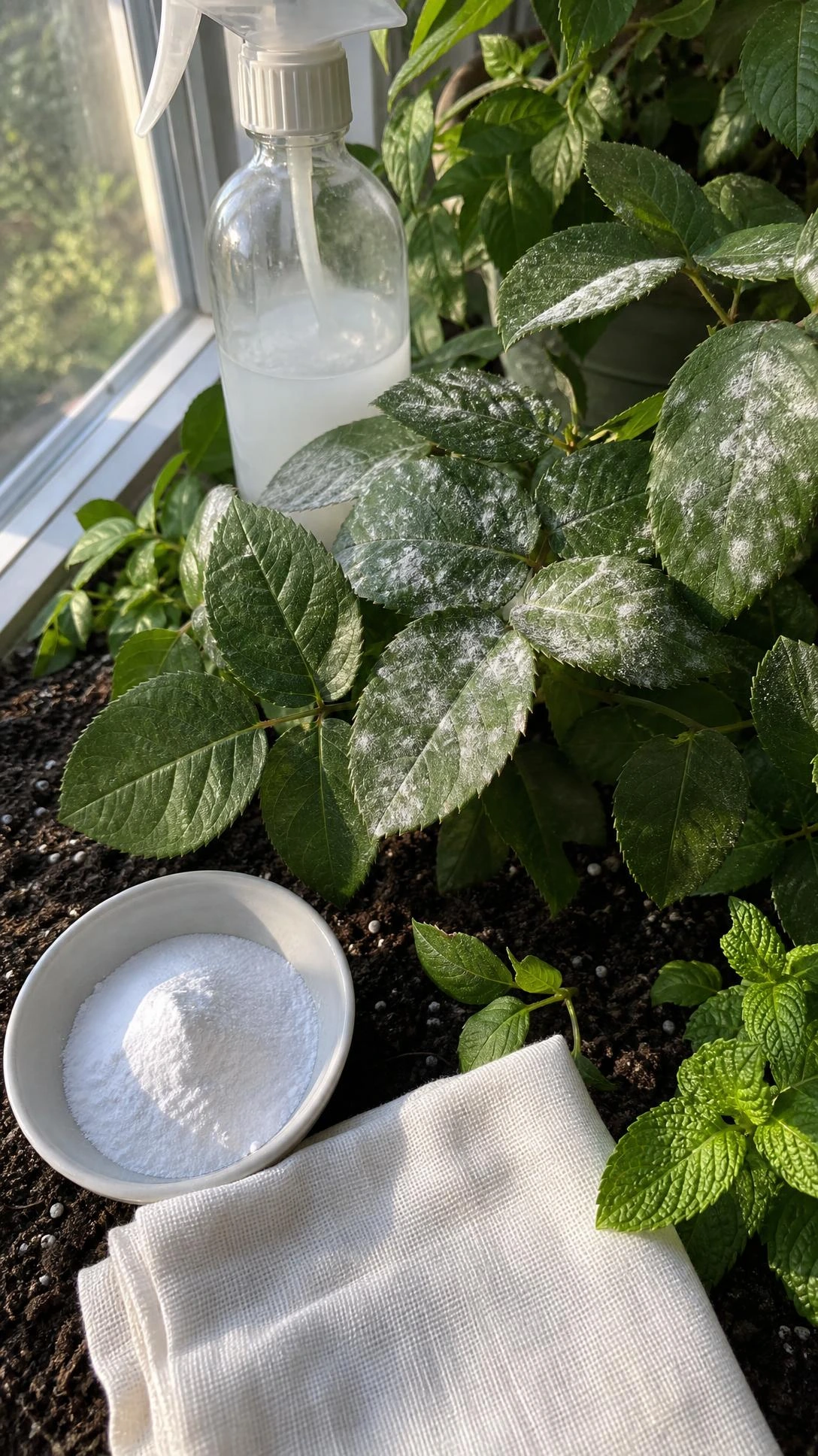 Green garden leaves with early powdery mildew spots beside a matte white ceramic bowl filled with baking soda fungal treatment