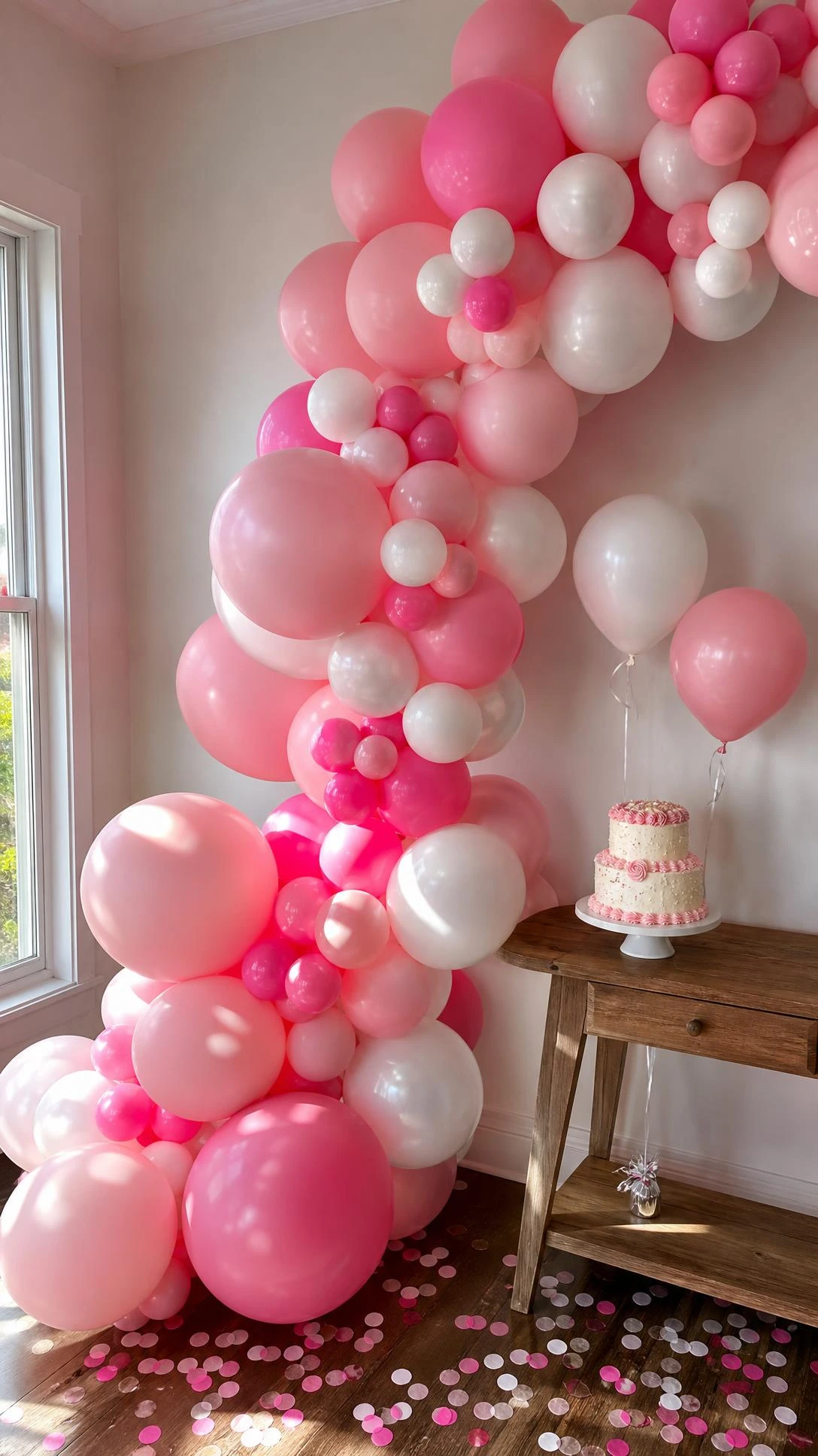 Dense pink and white balloon arch curving floor to ceiling with blush, hot pink, pastel, and white latex balloons in a real home party setup
