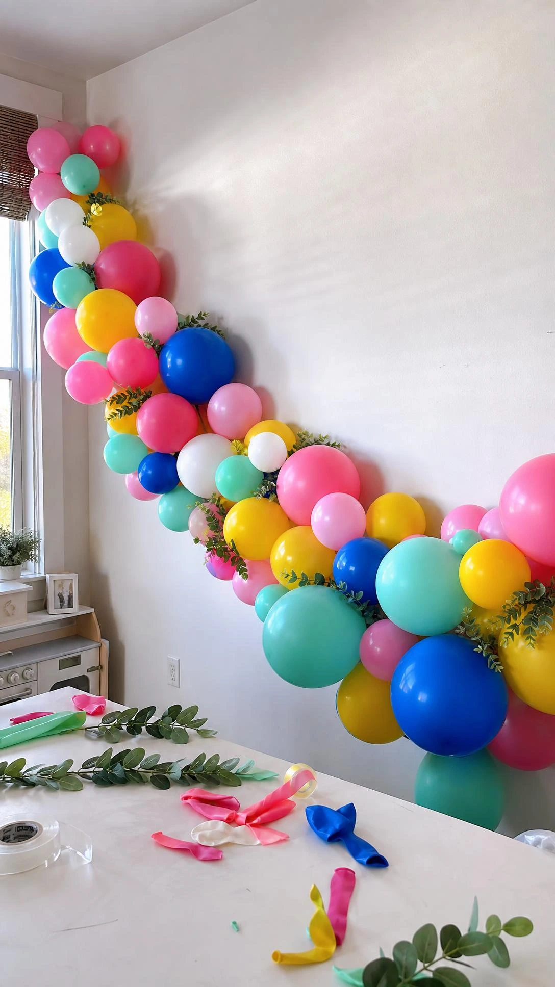 Colorful balloon garland in pink, yellow, blue, mint, and white draped along a white wall, showing how to make a DIY kids birthday decoration without helium