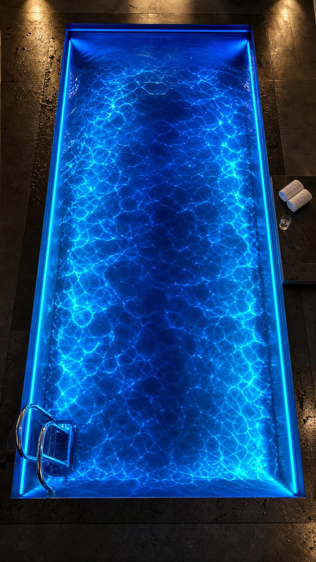Compact basement swimming pool glowing with electric-blue and teal LED strip lighting, casting rippling cobalt reflections across the water surface