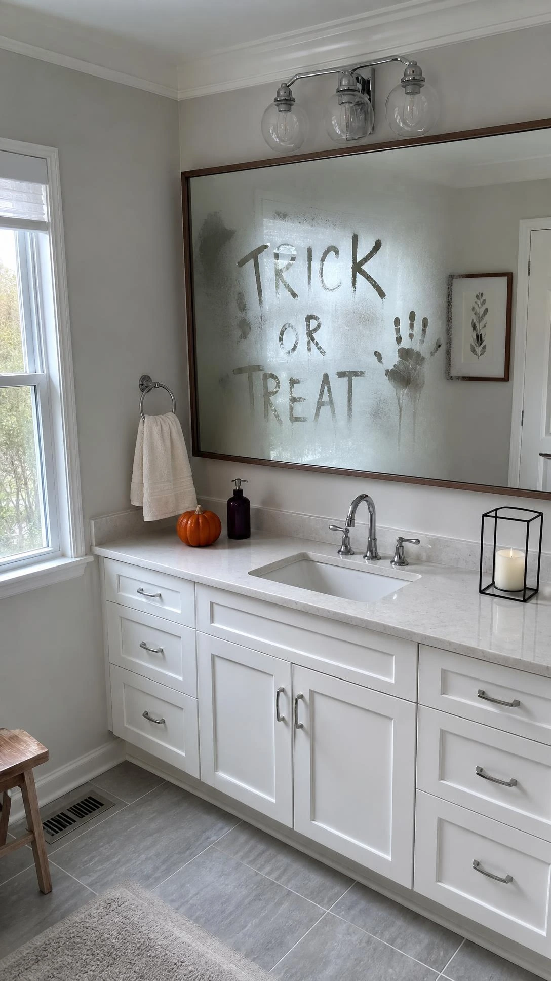 Bathroom mirror Halloween trick with a spooky message and handprint on fogged glass above a modern white shaker vanity and quartz counter.