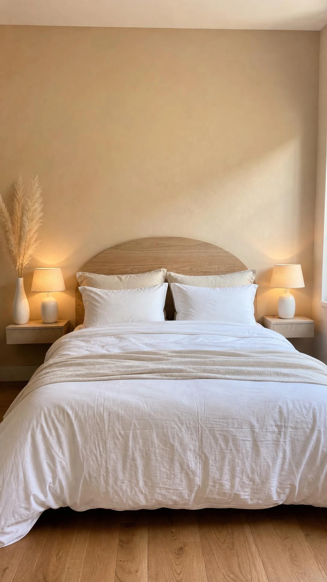 Warm sand beige accent wall behind a neatly made white bed, showing the matte texture and creamy tone that anchors a white and beige bedroom
