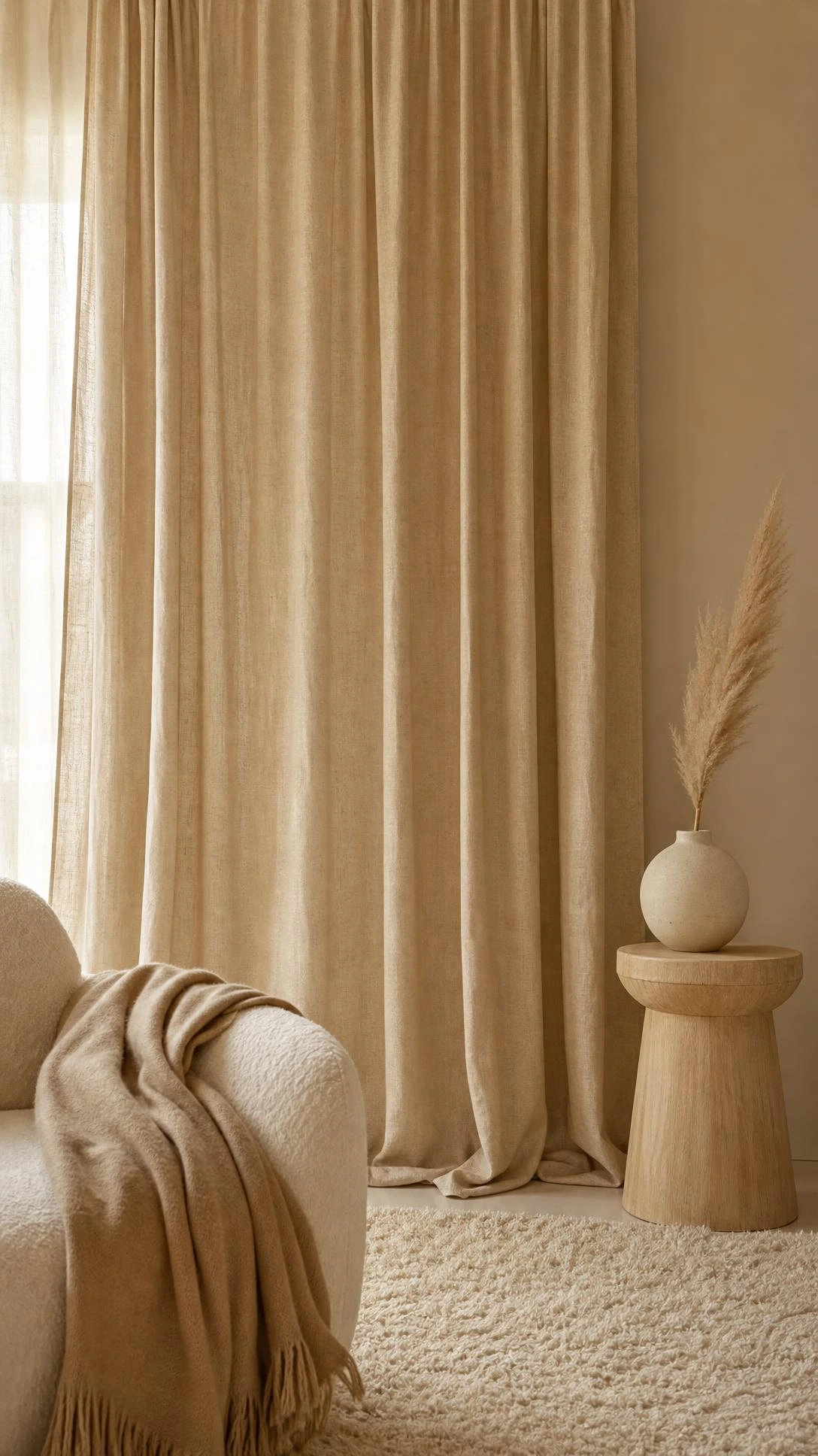 Beige linen curtains blending into sand-toned walls beside a cream boucle sofa, showing how warm neutral curtain colors disappear in a room already full of warm tones