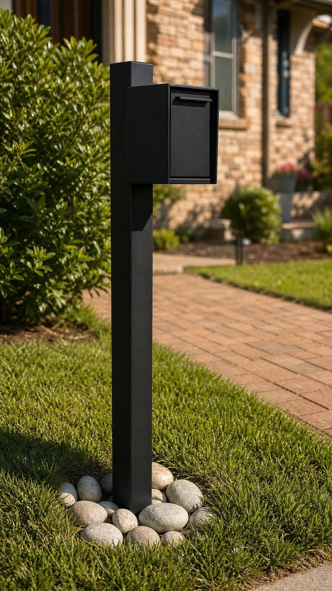 Matte black powder-coated metal mailbox post installed at residential curb, showcasing a modern square-profile design that instantly elevates front yard curb appeal