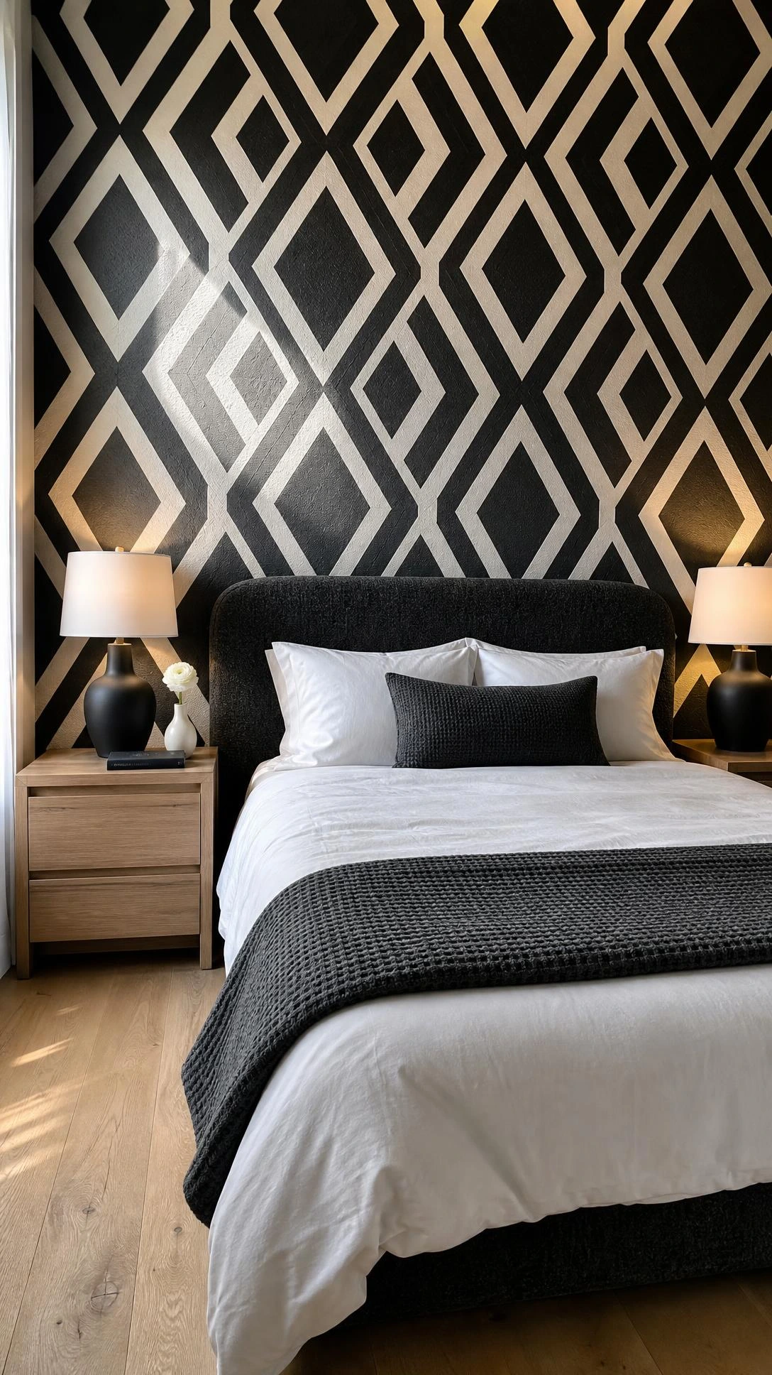 Black and white geometric wallpaper with interlocking diamond and hexagon patterns covering the full wall behind a low-profile bed headboard in a modern bedroom