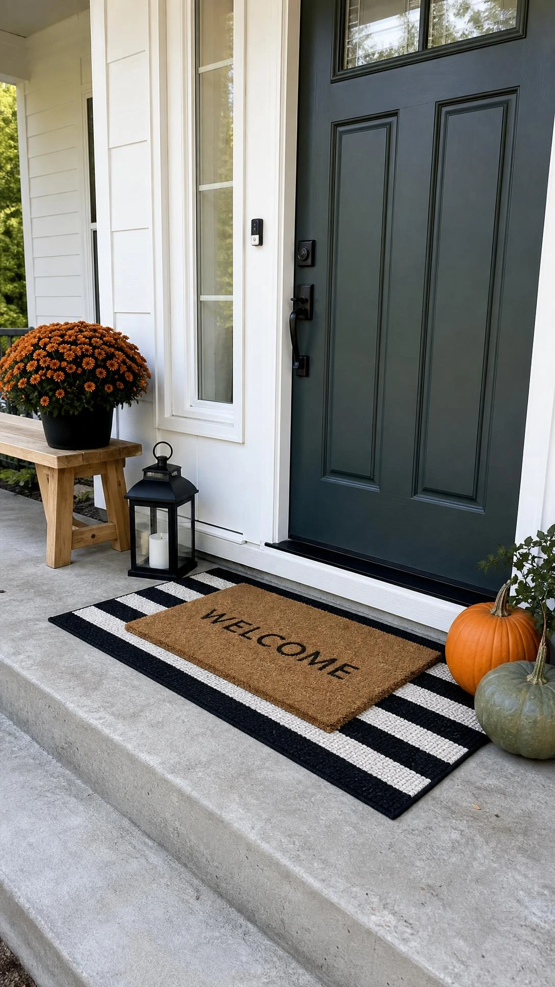 Black and white layered doormat setup on a suburban front porch, pairing a striped rug and coir mat for fall porch decorating ideas.