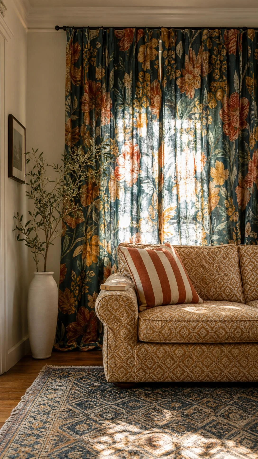 Floor-length vintage botanical print curtains in deep teal, terracotta, and mustard layered confidently with mixed bold patterns in a styled living room