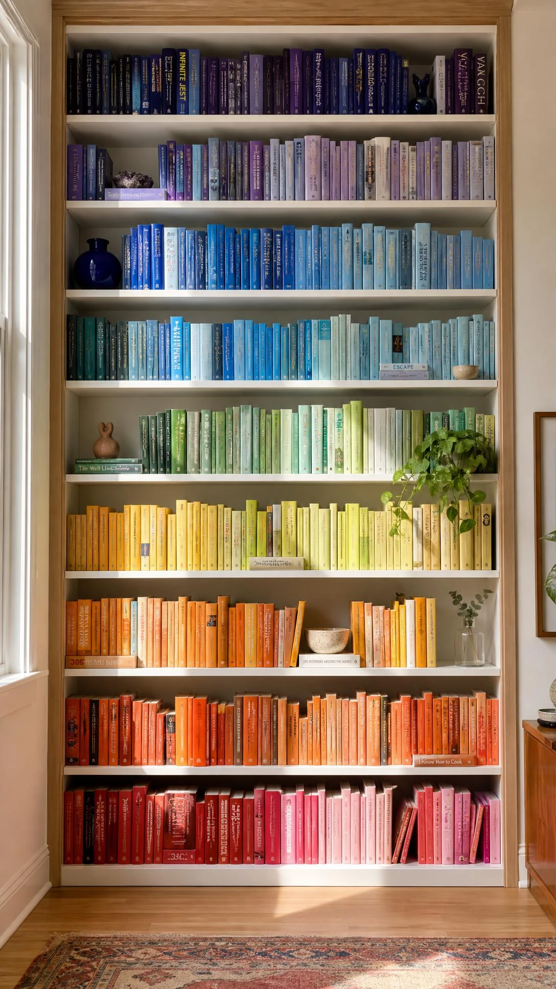 Built-in bookshelf styled by color gradient — coral and burnt orange books at the base shifting through yellow, green, and sky blue to deep indigo at the top
