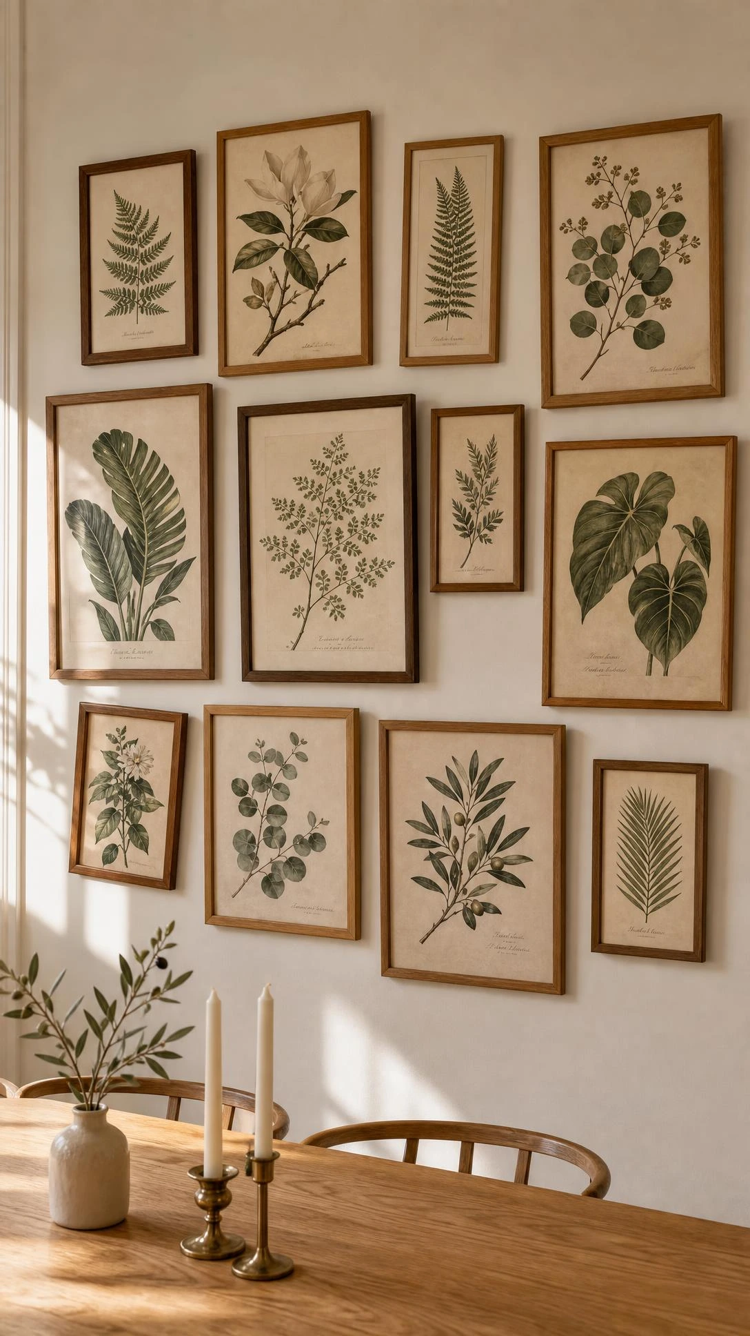 Dining room gallery wall with 10 botanical prints in warm wood frames, floor-to-ceiling display featuring fern, magnolia, and eucalyptus illustrations