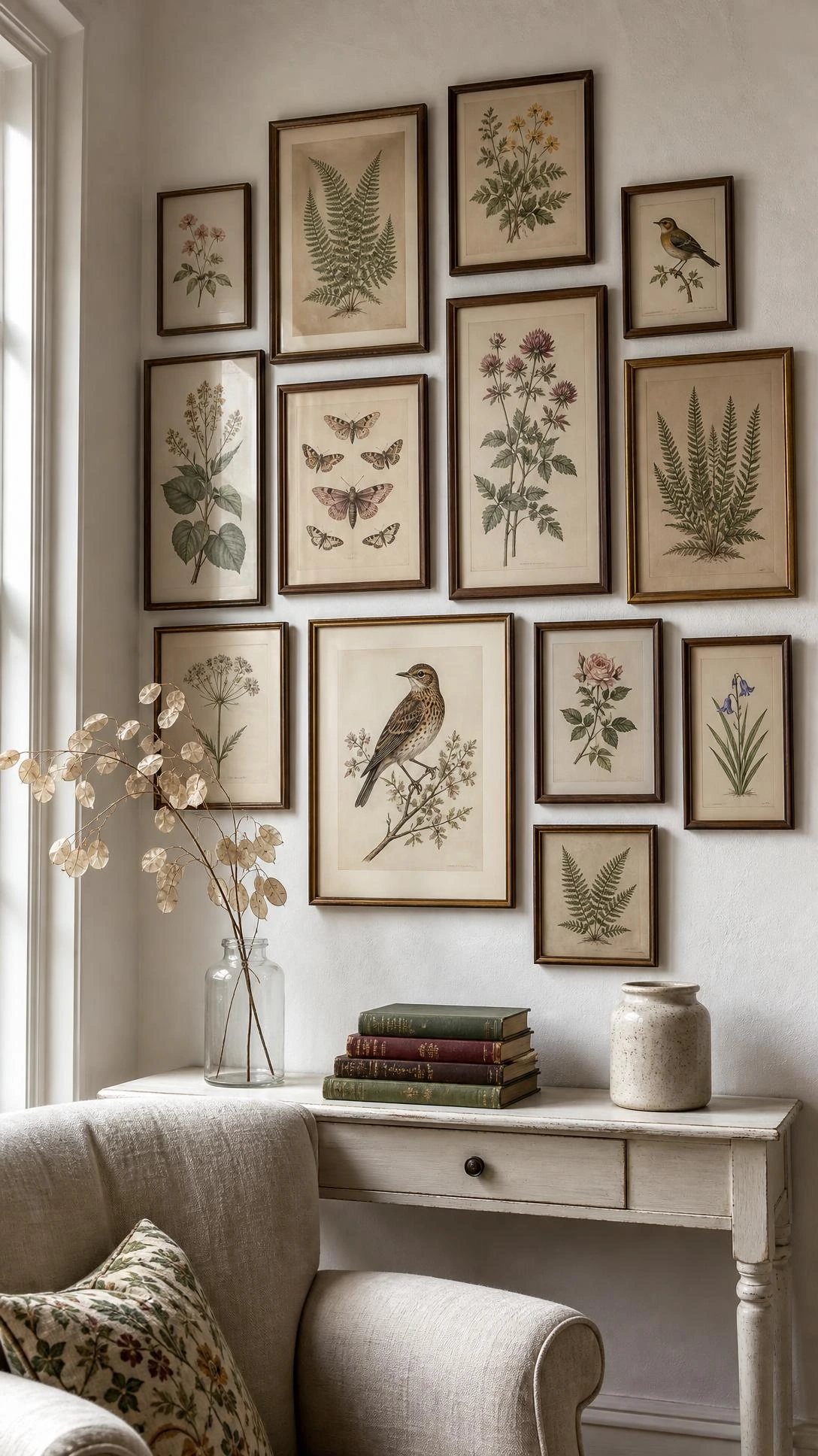 Gallery wall of framed botanical prints featuring vintage watercolor ferns, wildflowers, moths, and British birds in a cozy English countryside living room corner