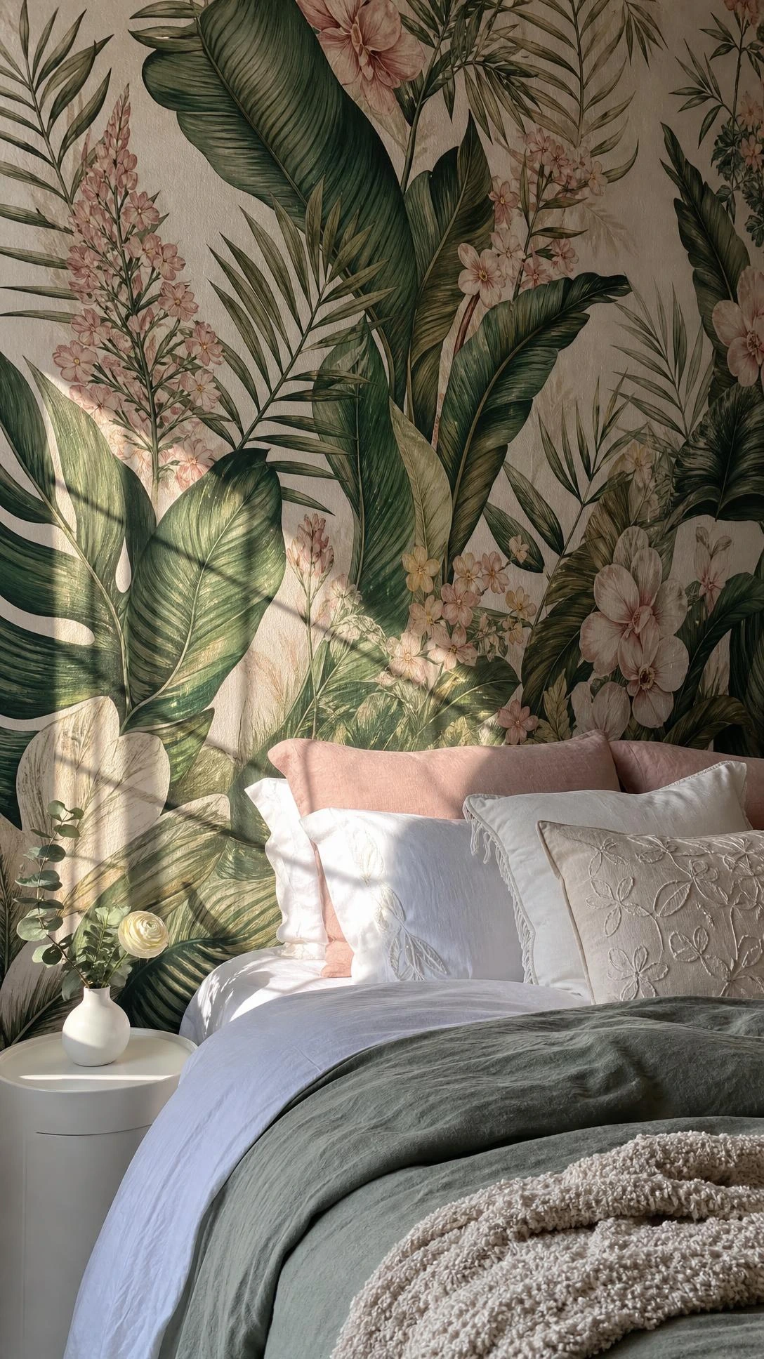 Lush botanical wallpaper bed wall featuring oversized tropical leaves in forest green, sage, and olive tones lit by soft natural daylight