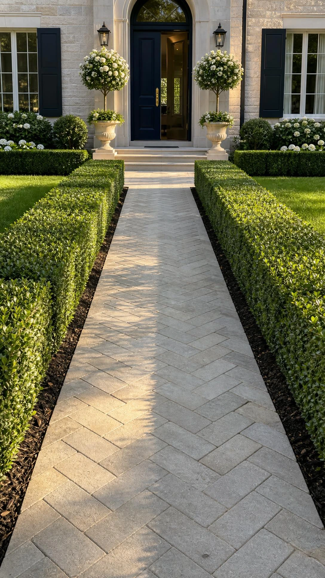 Symmetrical boxwood-lined formal entry walkway leading to a classic home's front door, photographed from ground level to emphasize dramatic depth and structure