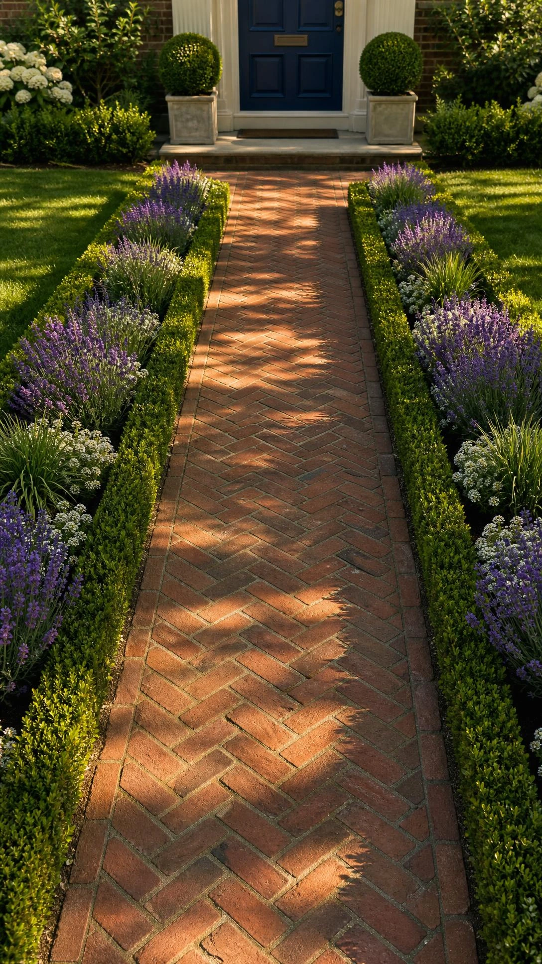 Classic red brick herringbone walkway flanked by symmetrical garden beds leading to a painted front door in warm golden-hour light