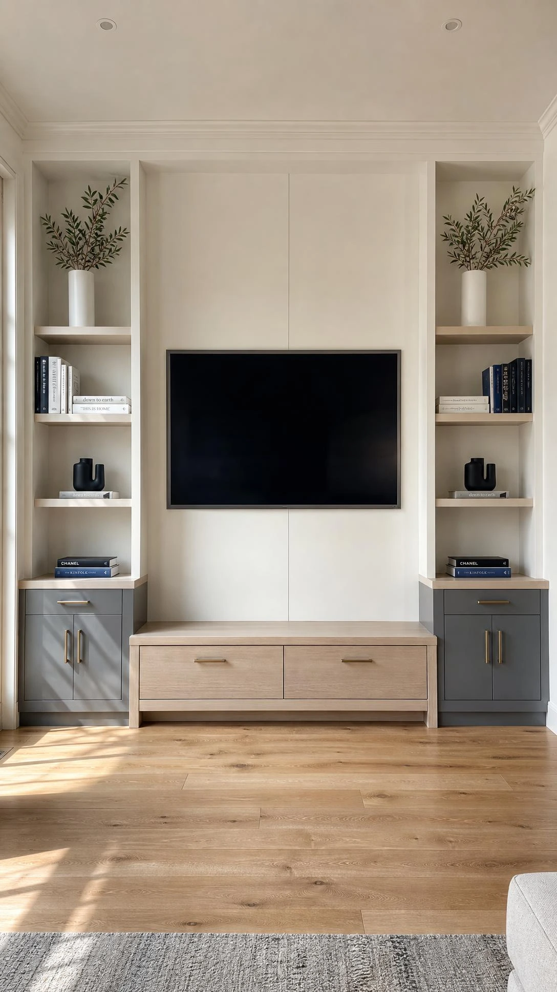 Floor-to-ceiling built-in alcove TV unit with white walls, slate-gray lower cabinets, and brushed brass handles for complete cable concealment