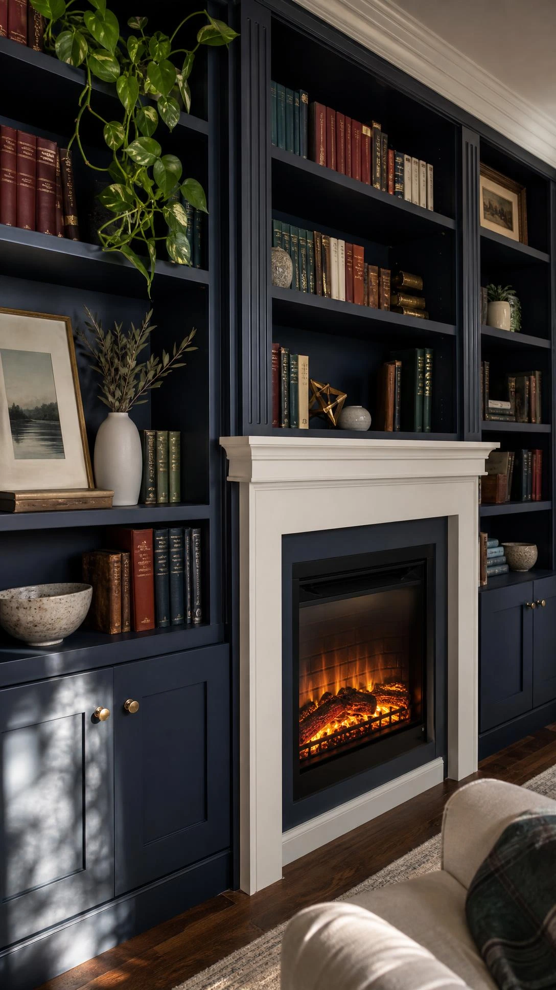 Navy blue built-in bookcase surround with integrated electric fireplace, floor-to-ceiling shelving styled with books and decor in a living room