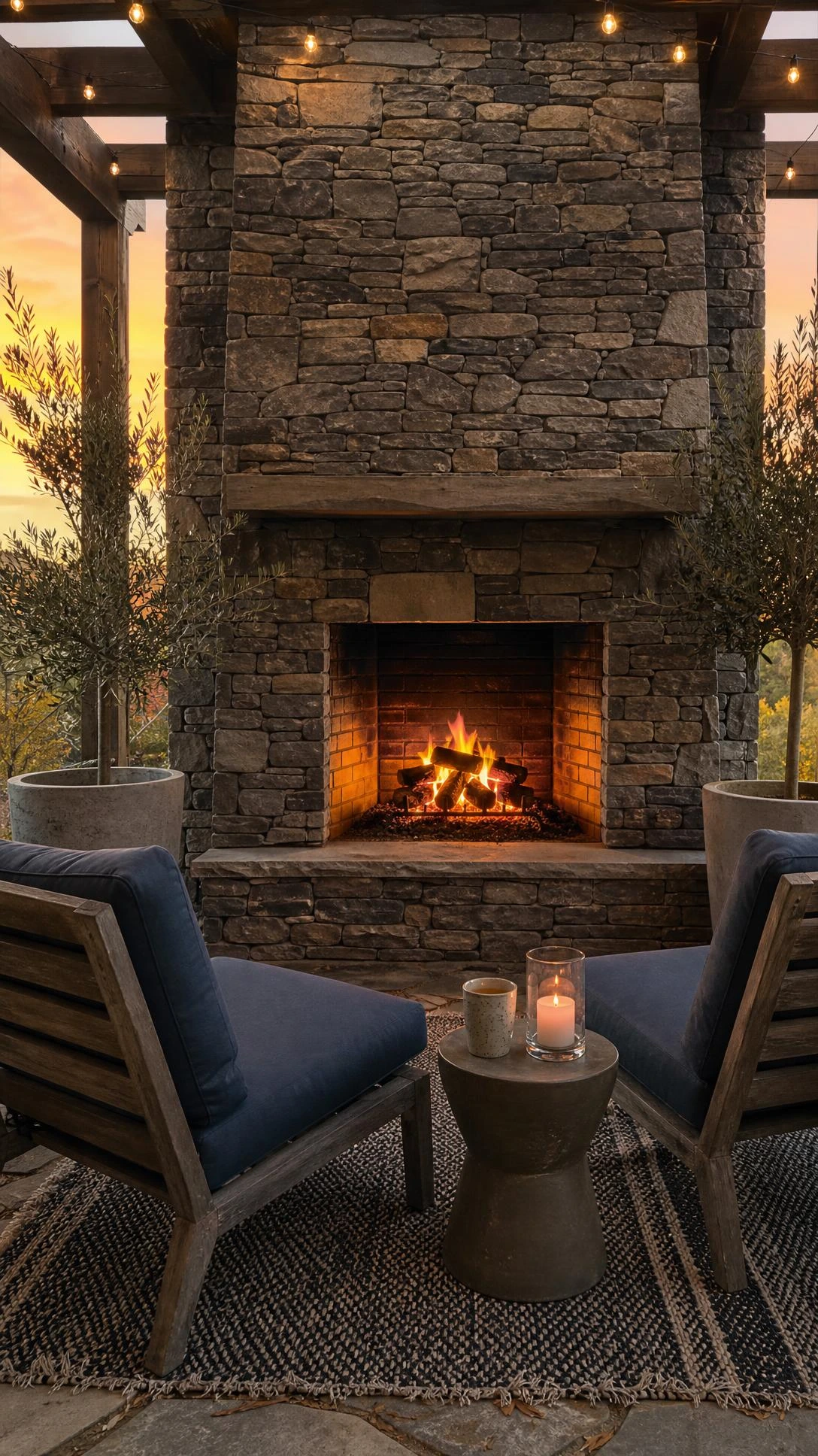 Built-in stacked fieldstone fireplace anchoring a covered patio wall, with crackling amber flames rising through a rough-cut stone surround to the pergola ceiling