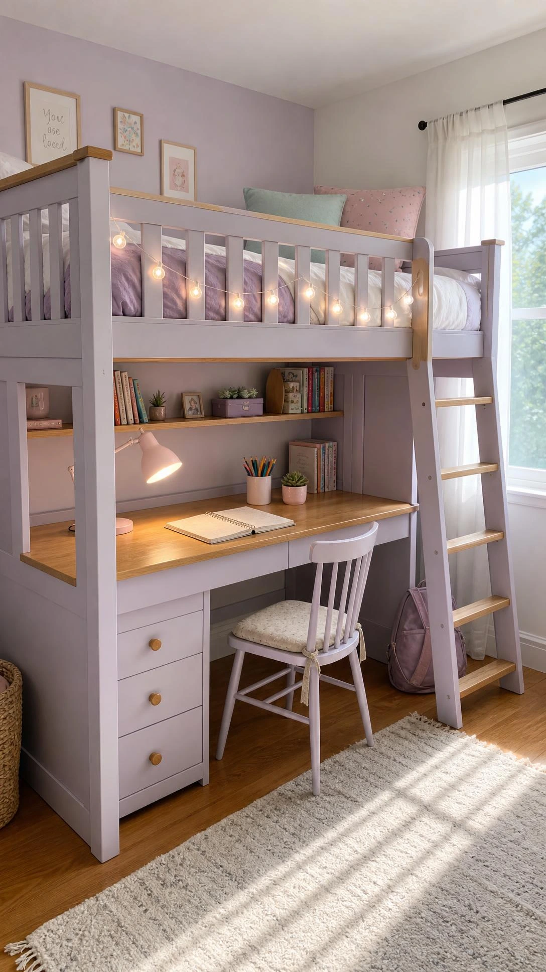 Solid wood bunk bed with built-in study desk in soft lavender-white finish and light oak accents, maximizing vertical space in a girls' bedroom