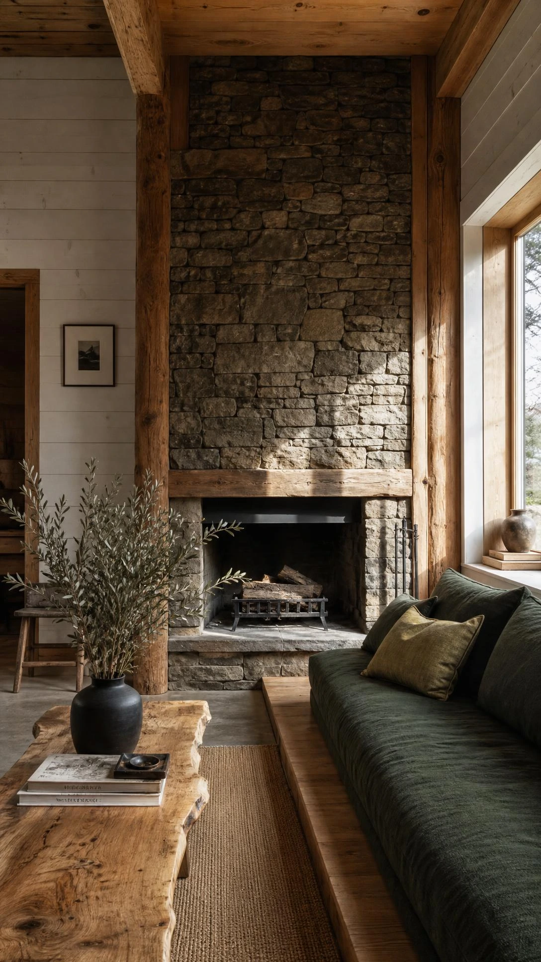 Compact cabin-style living room with floor-to-ceiling stacked stone fireplace in charcoal and taupe tones, natural daylight streaming through a deep-set window in a small modern house plan