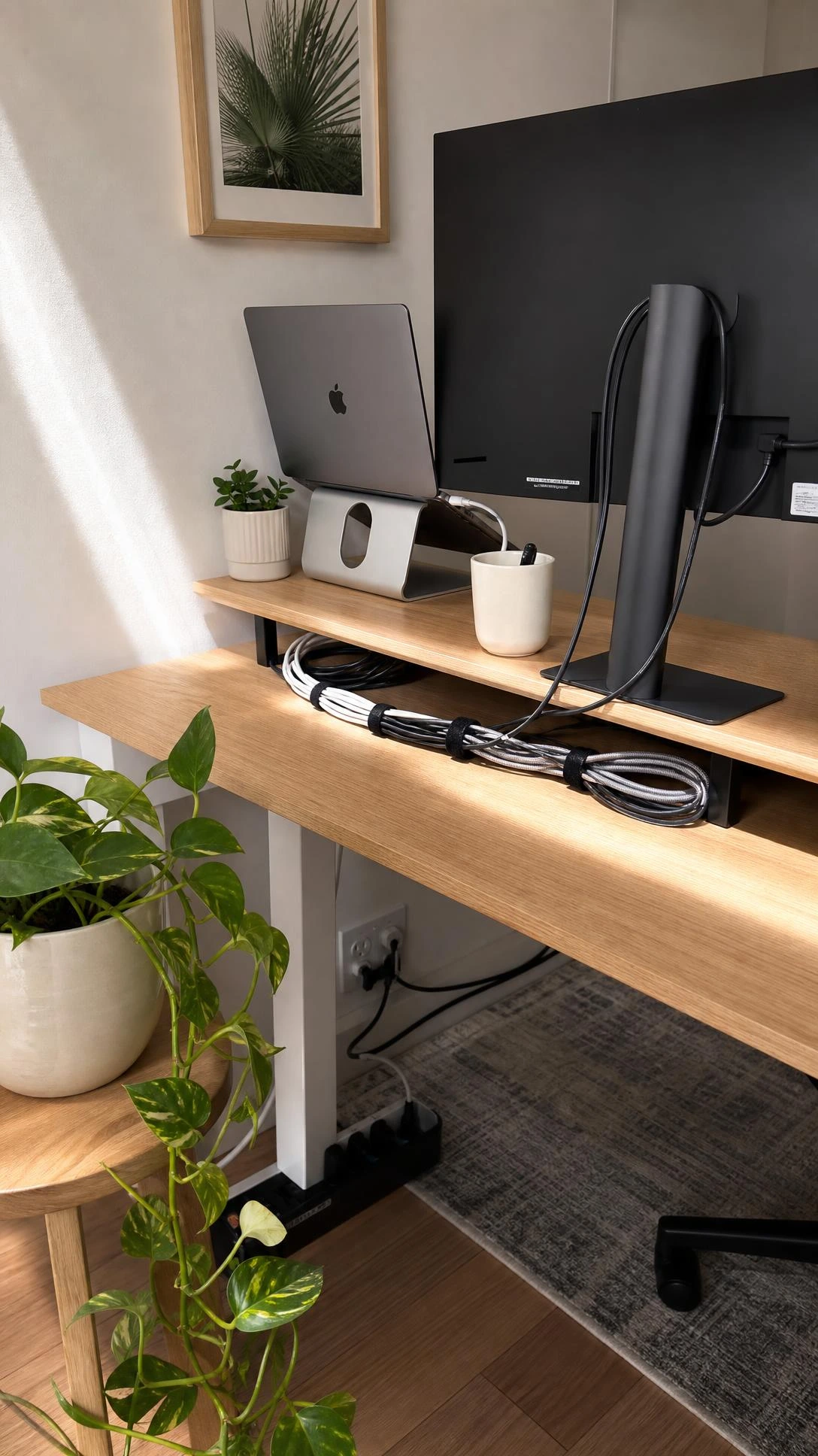 Extra-length USB-C, power, and HDMI cables neatly looped with matte black velcro ties along a compact home office desk — proof that cable management transforms a small workspace