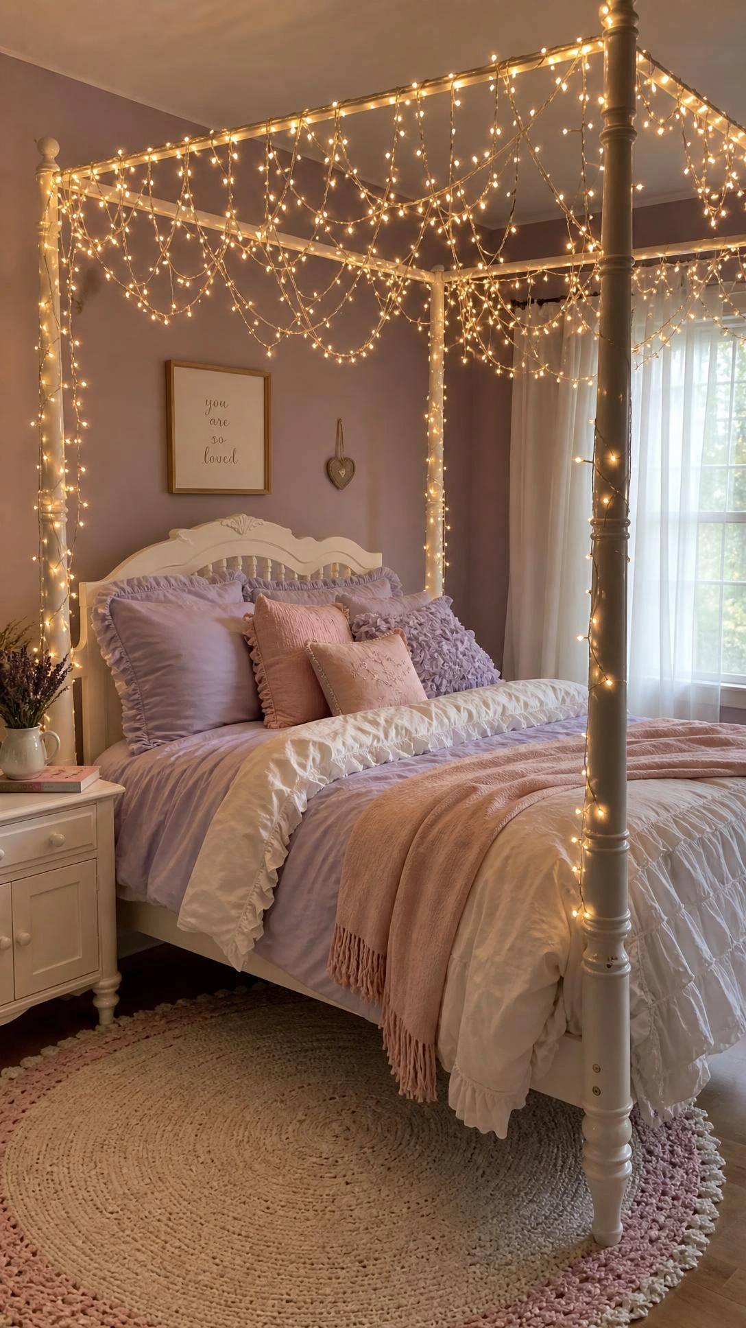 White wooden canopy bed with warm golden fairy lights draped across the four-post frame, creating a magical glowing atmosphere in a girls' bedroom