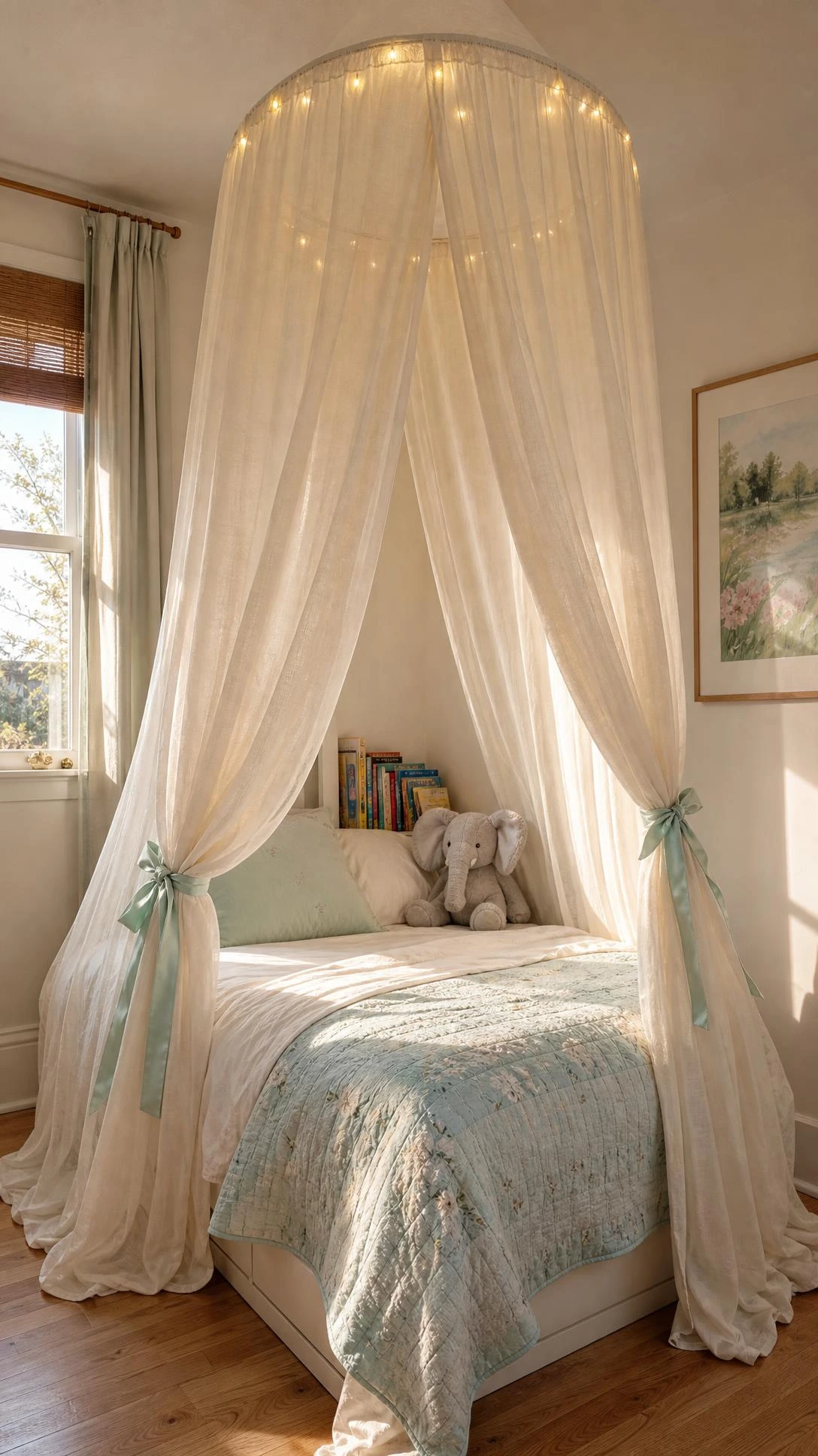 Sheer ivory muslin canopy draped from a ceiling hoop over a child's bed with white cotton and mint quilt, creating a private sleep nook in a shared adult bedroom