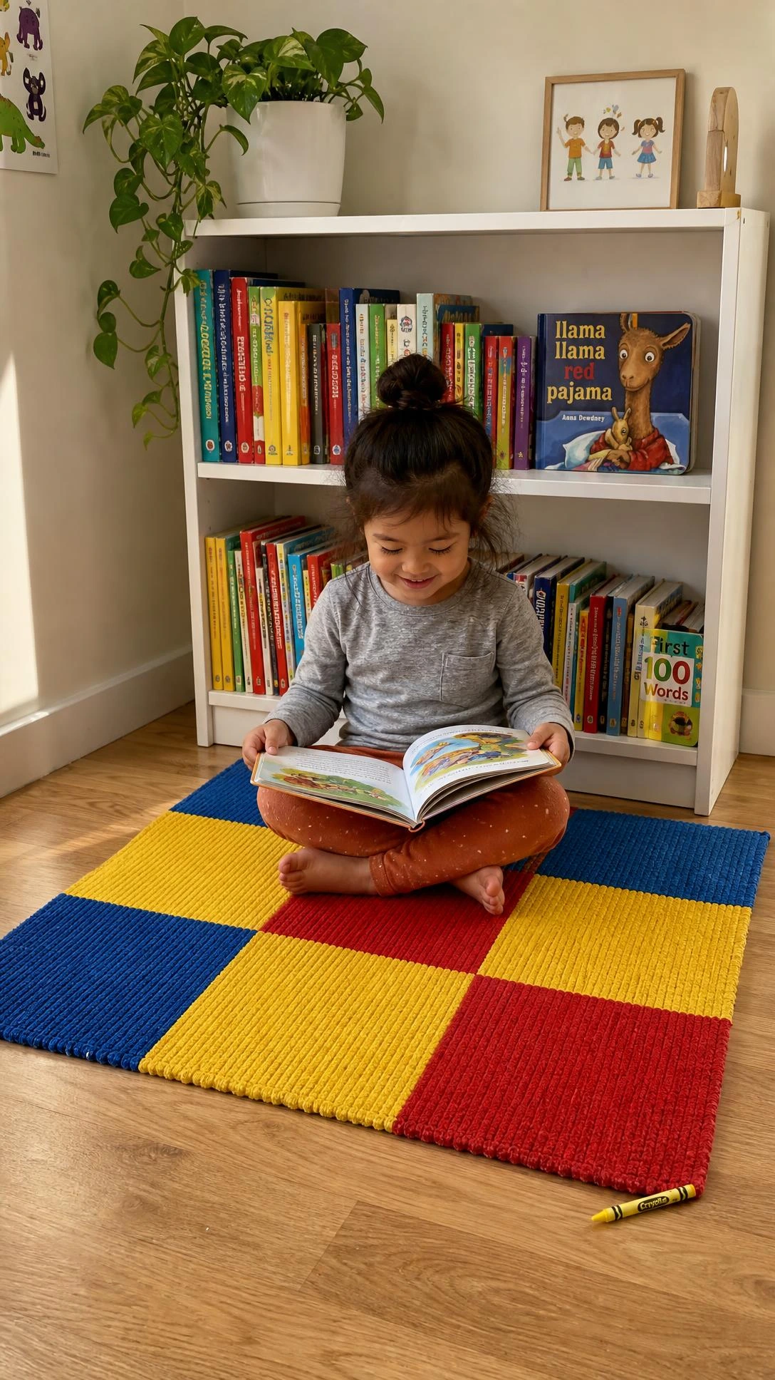 Colorful primary-color carpet square on light oak floor defining a kids learning corner in a real family home
