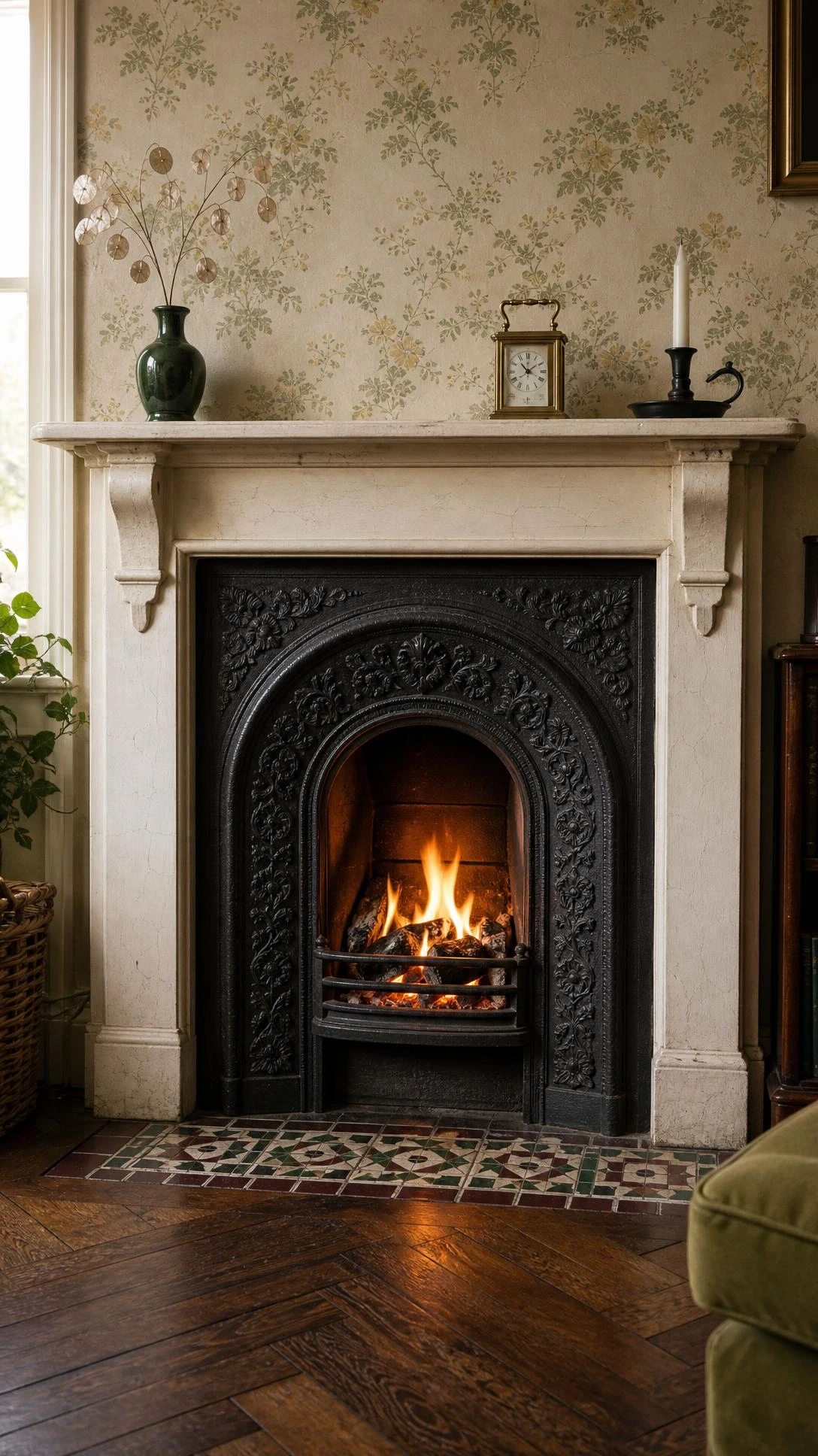 Victorian cast iron fireplace insert with arched opening and intricate floral relief detailing, set into a period living room wall with aged matte black surround